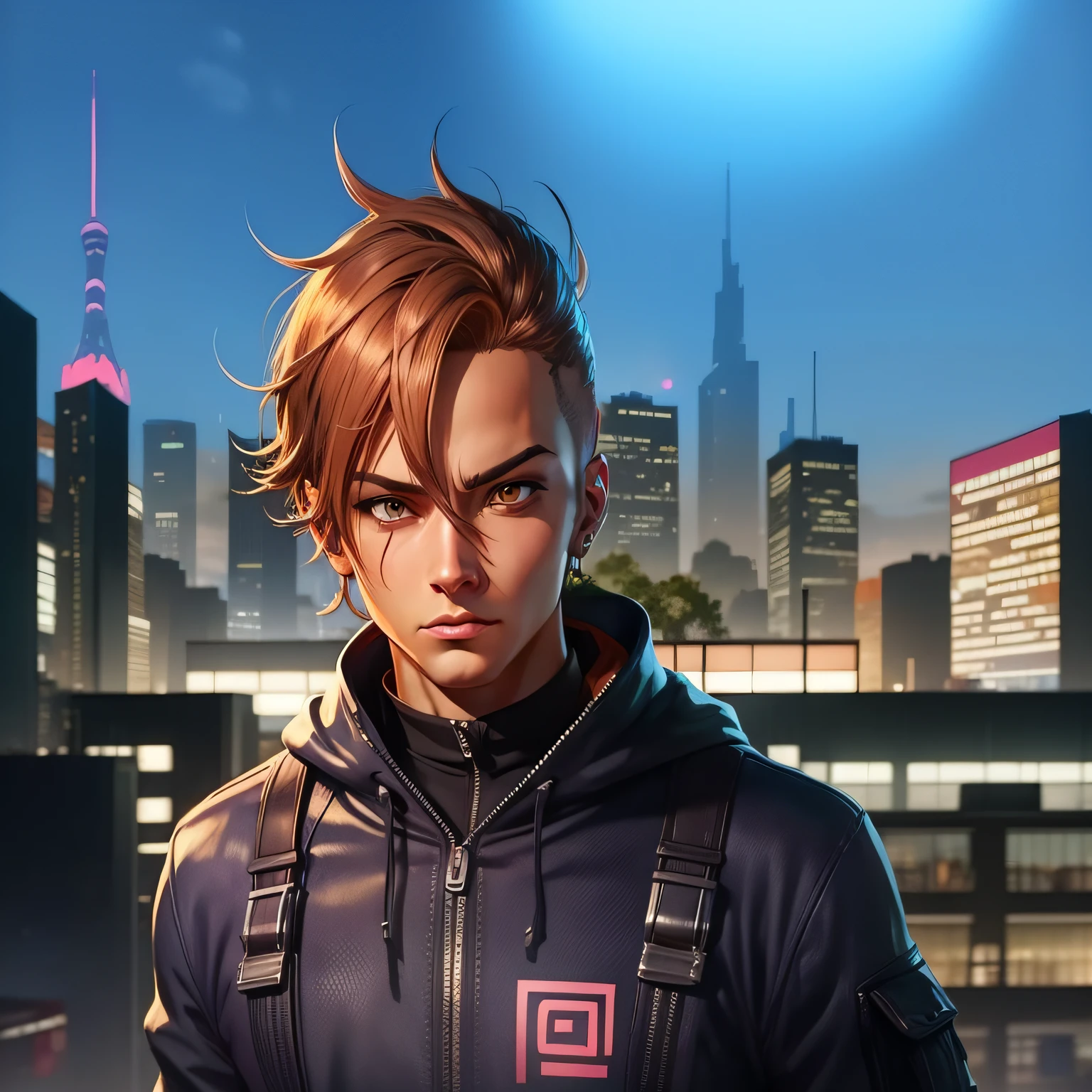 Anime style, tema cyberpunk, noite, buildings in the background --auto