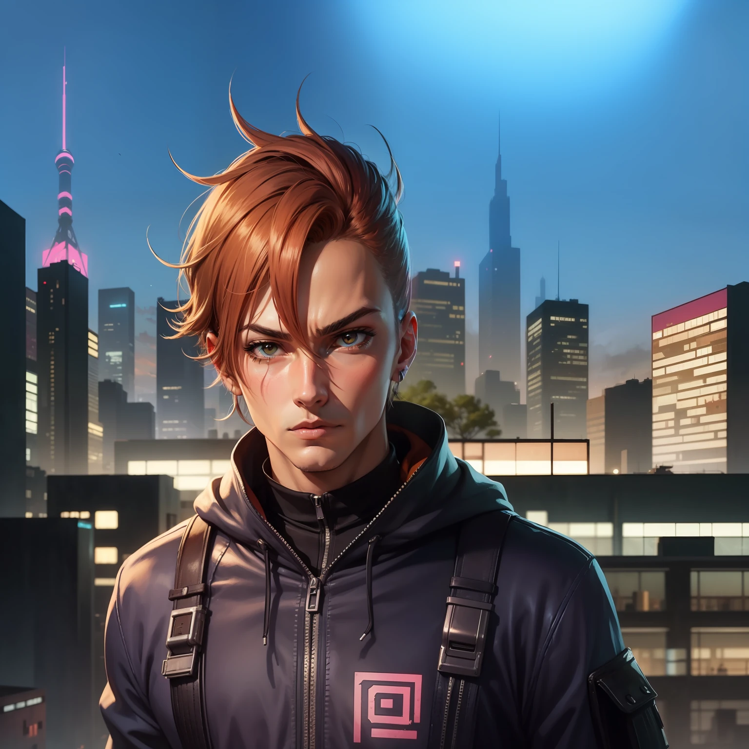Anime style, tema cyberpunk, noite, buildings in the background --auto