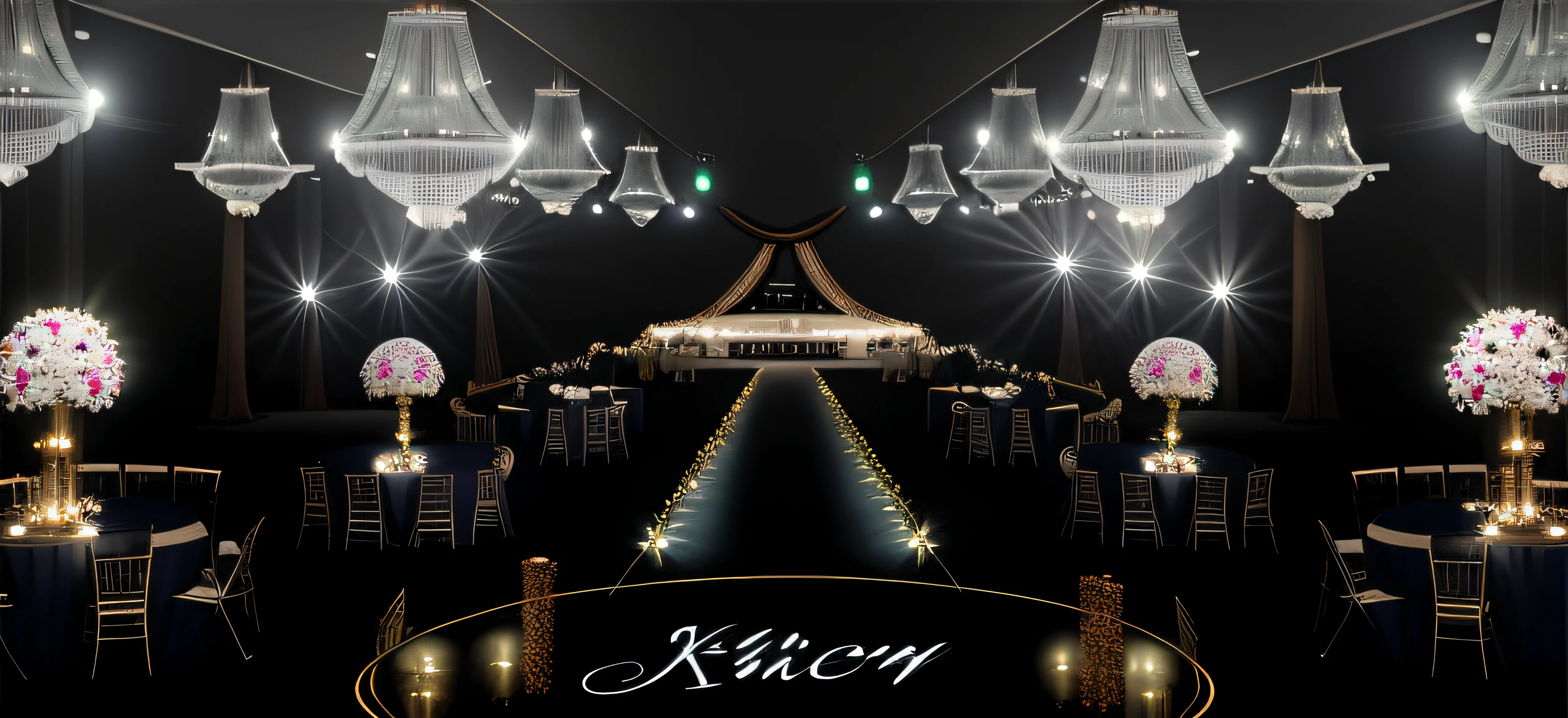 a close up of a wedding reception with chandeliers and tables, luxurious wedding, wedding, glowing lights intricate elegant, ballroom background, stunning arcanum backdrop, ( ( stage light ) ), intricate sparkling atmosphere, Stage background, author：Jeka Kemp, fancy lighting, author：Ke Jiusi, glamorous setting, lavishly decorated, imvu, black backdrop