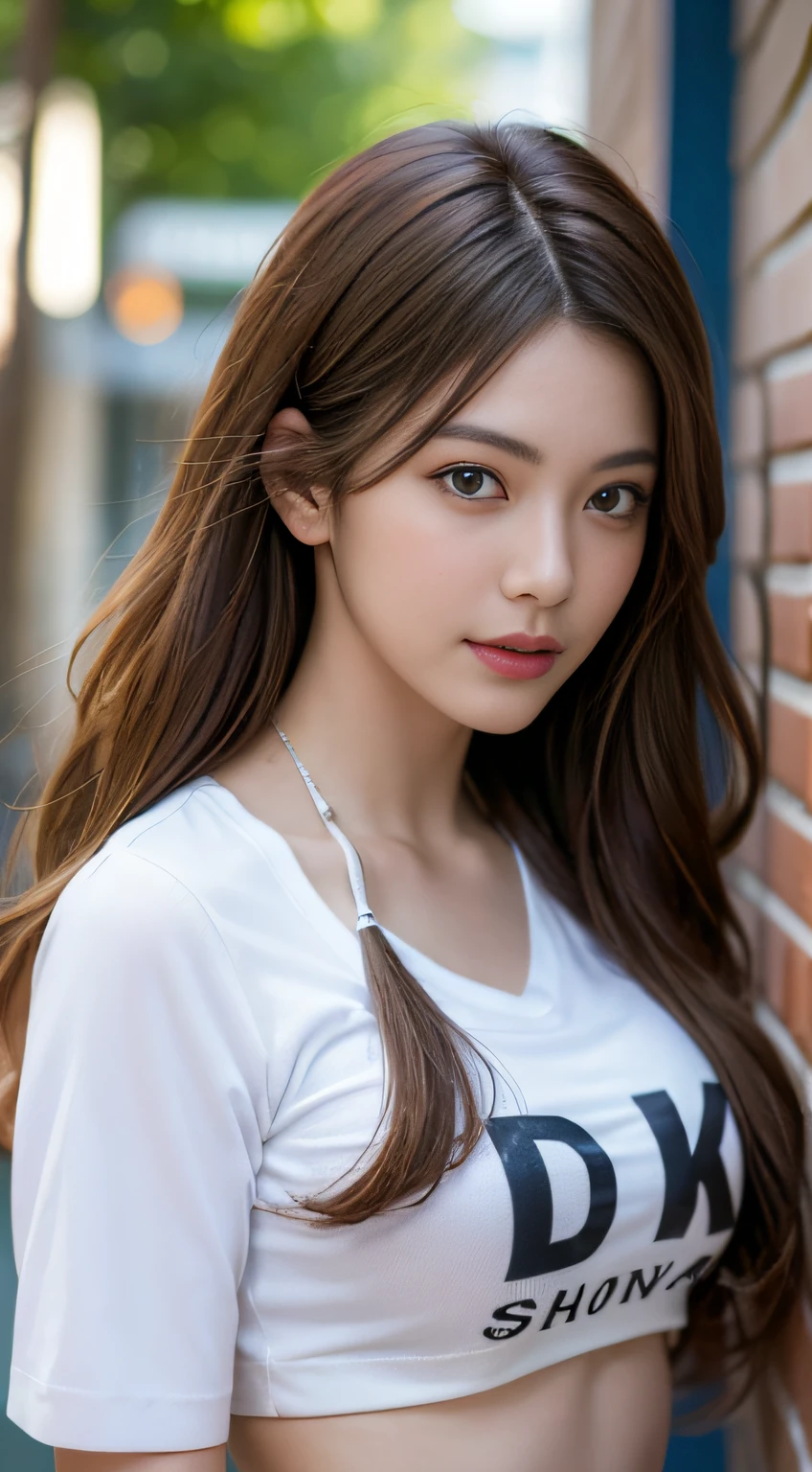 ((Realistic lighting、beste Quality、8K、Master Masterpiece:1.3))、Clear focus:1.2、a 1 girl、Perfect Body Beauty:1.4、Slim abs:1.1、s whole body、((darkbrown hair、a large breast:1.3))、(Acceleration:1.4)、(al fresco、Daylight:1.1)、View of Waikiki Beach、Palm Tree、Slender face、Fine eyes、Double eyelidd、poses of fashion models、Floating hair、T‐shirt、Pendants、