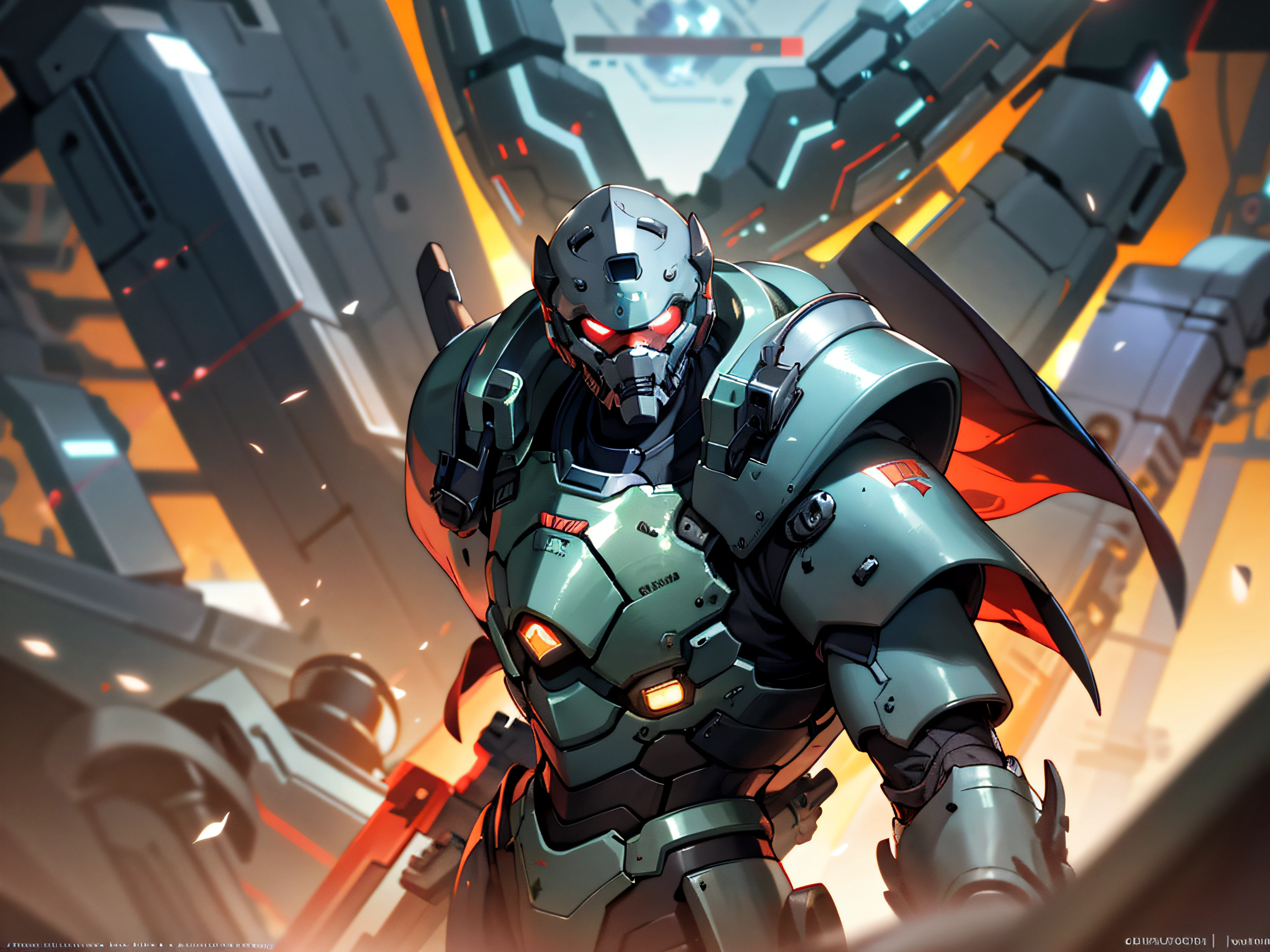 Imagem de um homem de terno futurista em frente a uma cidade, doom slayer de doom eternal, Arte de fantasia de Doom Slayer, clothed in sci-fi military armor, Reinhardt de Overwatch, Epic Sci - Arte do Personagem de Fi:, epic scifi character art, Winston de Overwatch, Estilo de Raymond Swanland, warrior in sci-fi armour