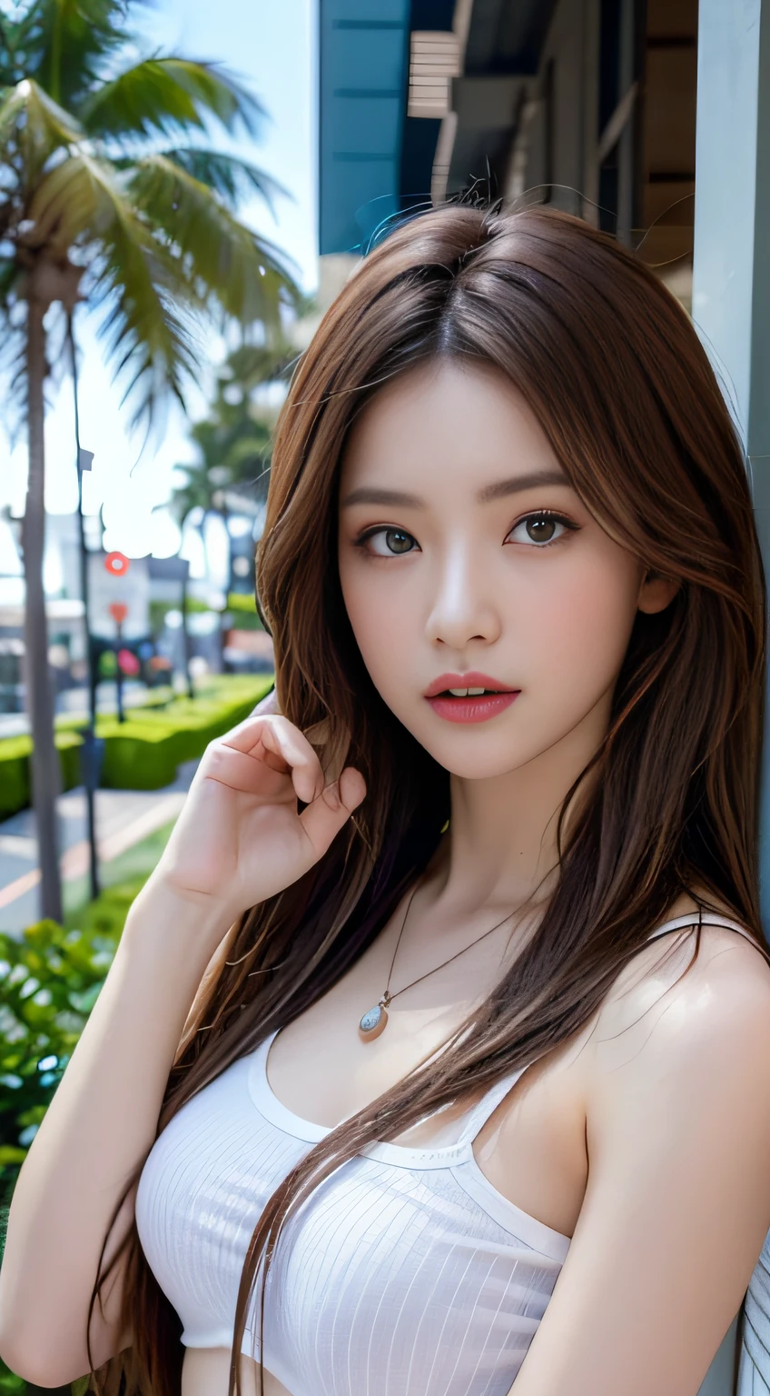 ((Realistic lighting、beste Quality、8K、Master Masterpiece:1.3))、Clear focus:1.2、a 1 girl、Perfect Body Beauty:1.4、Slim abs:1.1、s whole body、((darkbrown hair、a large breast:1.3))、(Acceleration:1.4)、(al fresco、Daylight:1.1)、View of Waikiki Beach、Palm Tree、Slender face、Fine eyes、Double eyelidd、poses of fashion models、Floating hair、T‐shirt、Pendants、