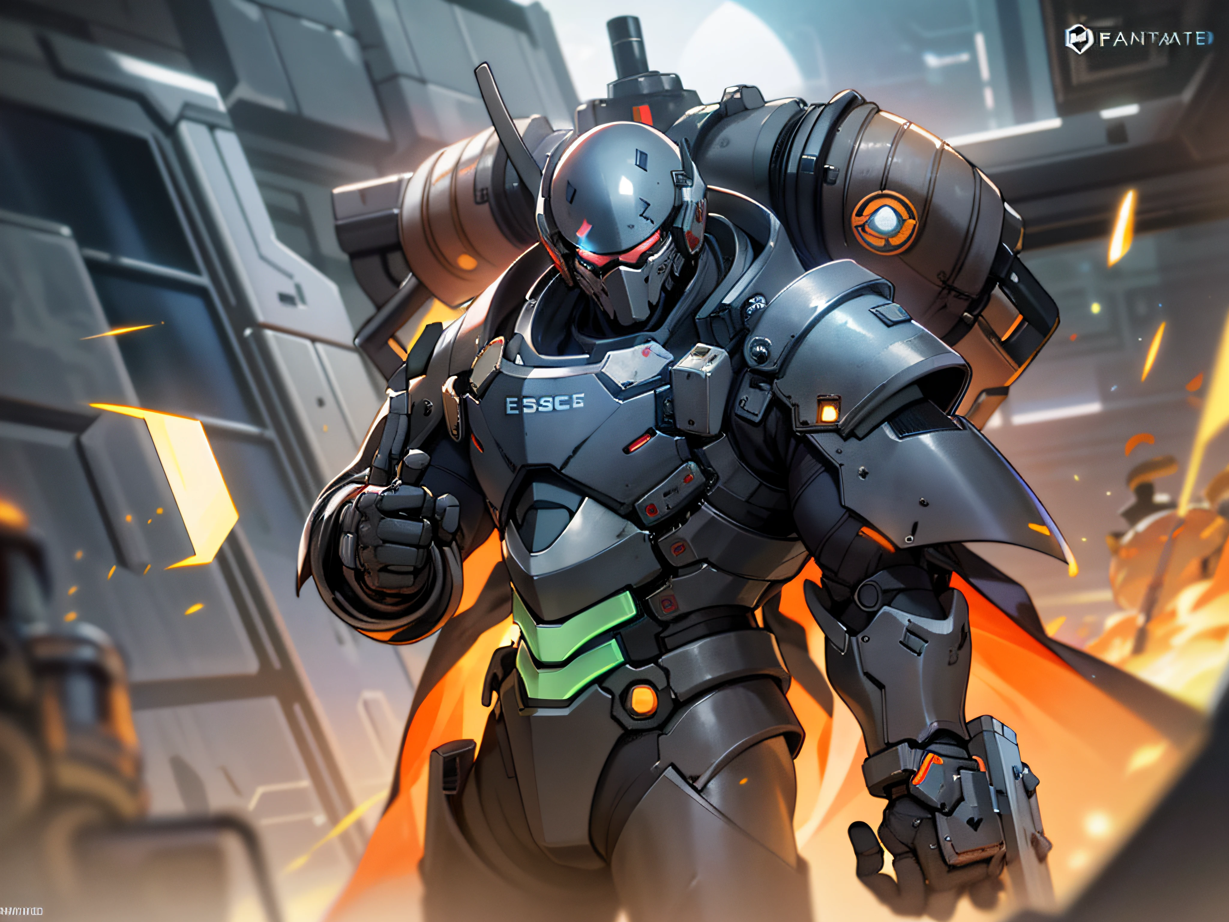Imagem de um homem de terno futurista em frente a uma cidade, doom slayer de doom eternal, Arte de fantasia de Doom Slayer, clothed in sci-fi military armor, Reinhardt de Overwatch, Epic Sci - Arte do Personagem de Fi:, epic scifi character art, Winston de Overwatch, Estilo de Raymond Swanland, warrior in sci-fi armour