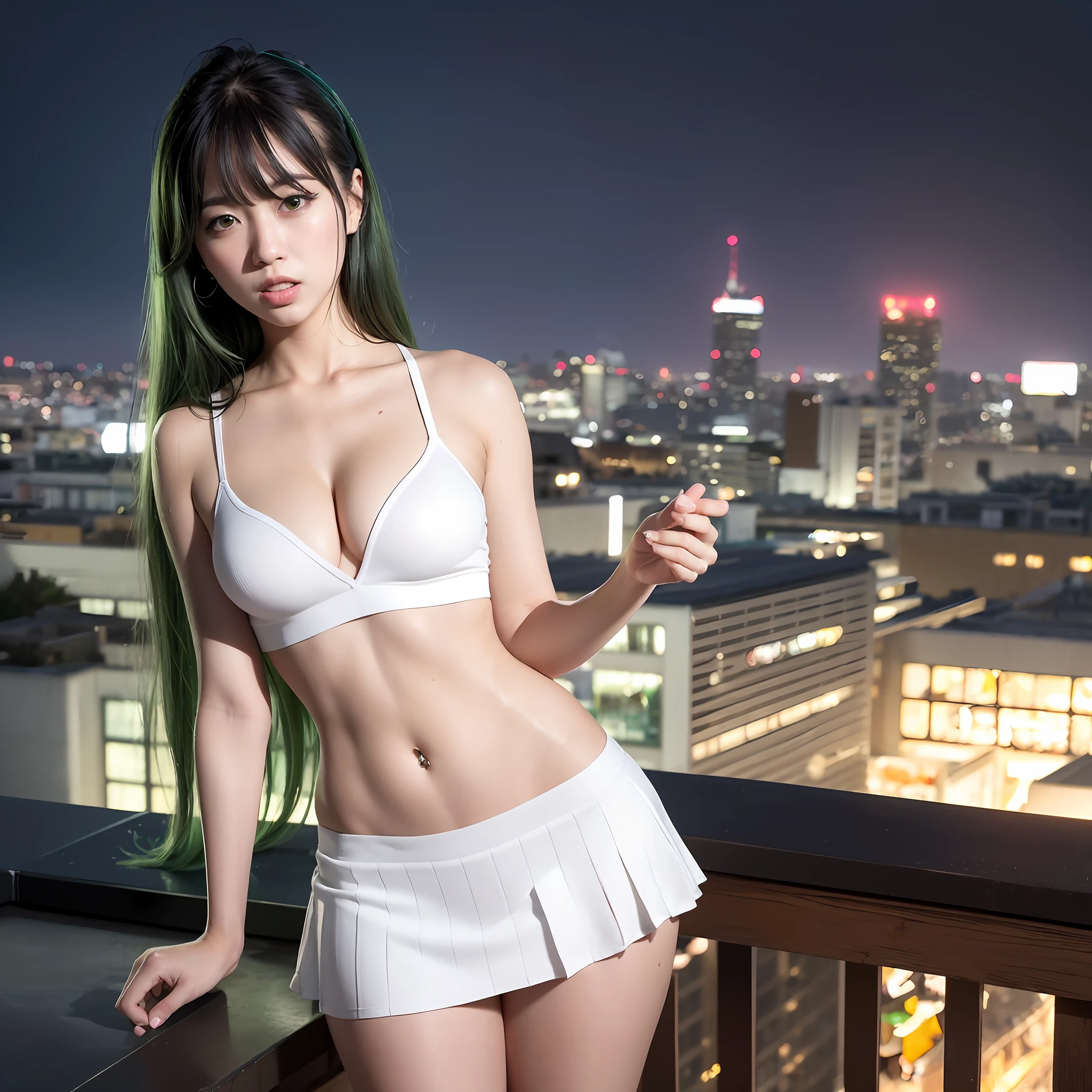 (bare breasts:0.2)best quality, ultra high res, (photorealistic:1.4), (green long hair:1.3), (azur lane\), 1girl, (Kpop idol), nsfw, slender body, looking at viewer, cute, detailed face, contrapposto, smooth skin, perfect anatomy, white camisole, pure black pleated skirt, cityscape, night, rain, wet, professional lighting, shopping mall rooftop cafe, outdoor, no teeth