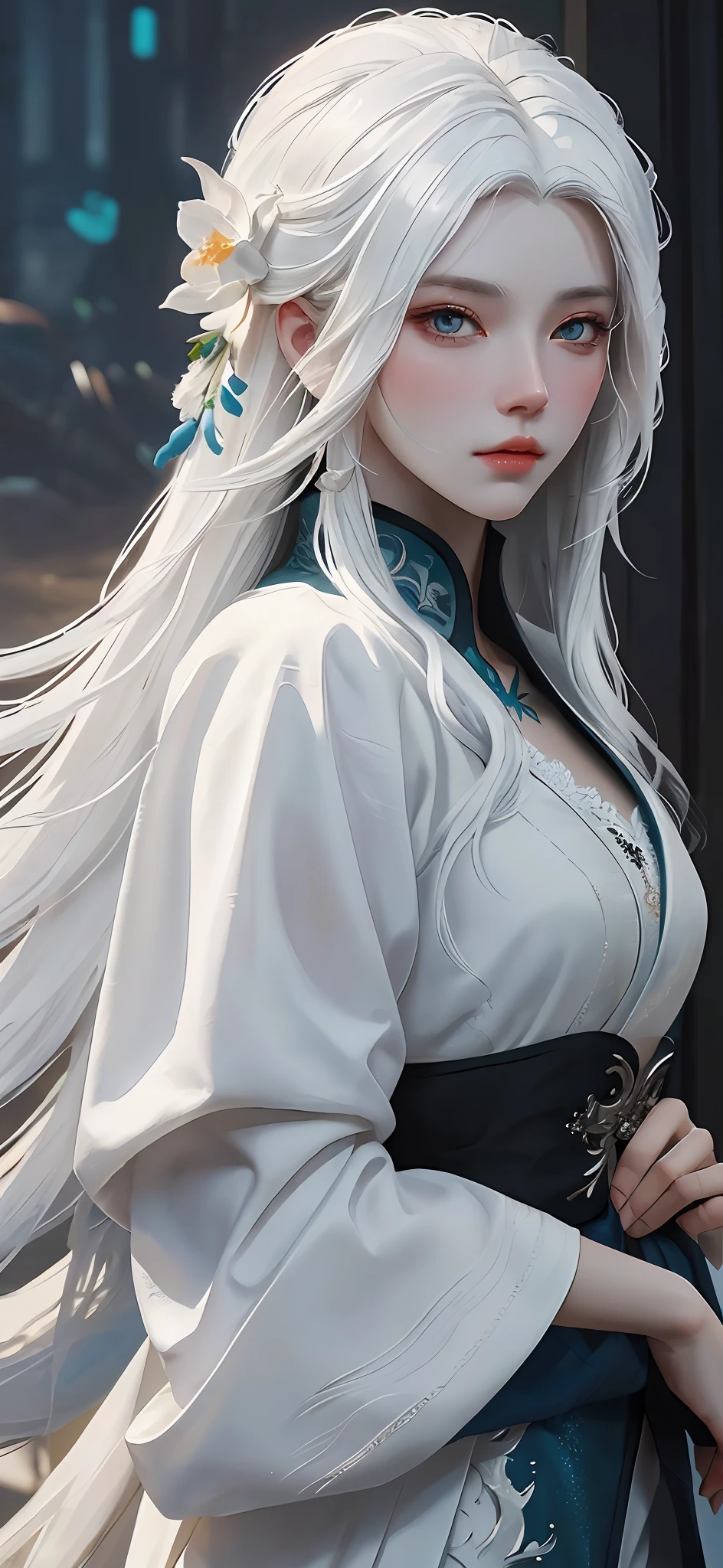 a close up of a woman with white hair and a white mask, beautiful character painting, guweiz, artwork in the style of guweiz, white haired deity, by Yang J, epic exquisite character art, stunning character art, by Fan Qi, by Wuzhun Shifan, guweiz on pixiv artstation