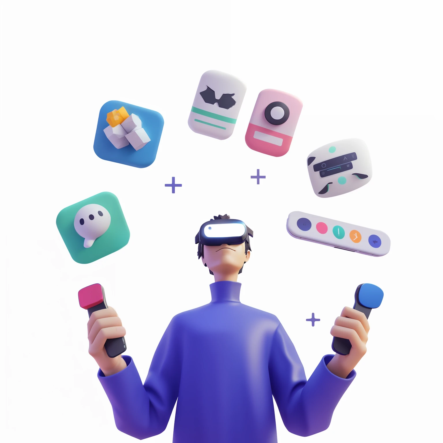 a close up of a person holding a remote and various app icons, 3 d icon for mobile game, 3 d illustration, 3d illustration, with lots of text and icons, brilliant daylight vr os ux, photograph of 3d ios room, 3 d ar vr art, icon for an ai app, virtual metaverse room, avatar for website, VR