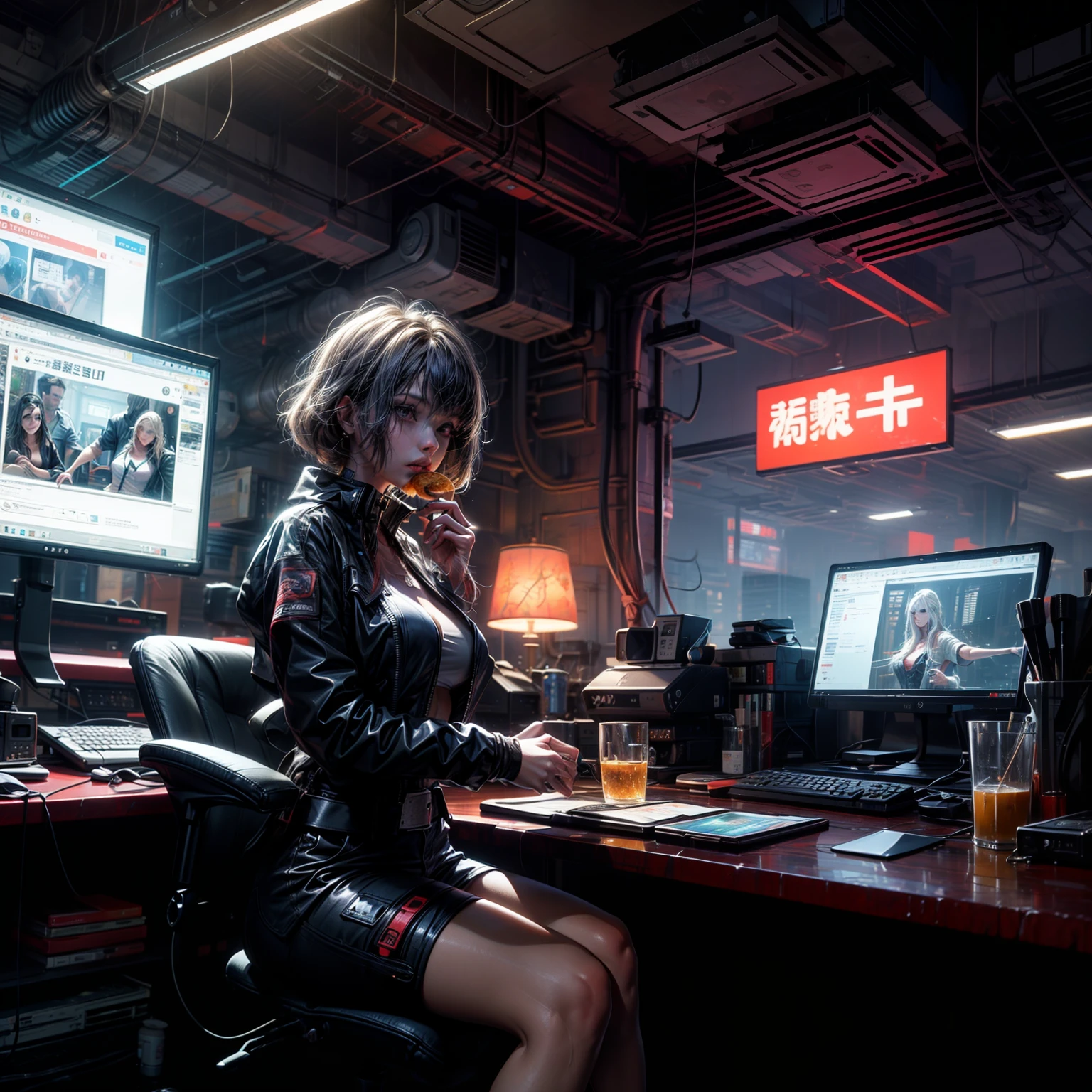ultradetail、High resolution and top quality CG Unity 8k wallpaper,杰作,masterece-piece,The cyberpunk,inside room,A woman eats a big meal in front of a computer,Solo,Background home,There is a duck next to it