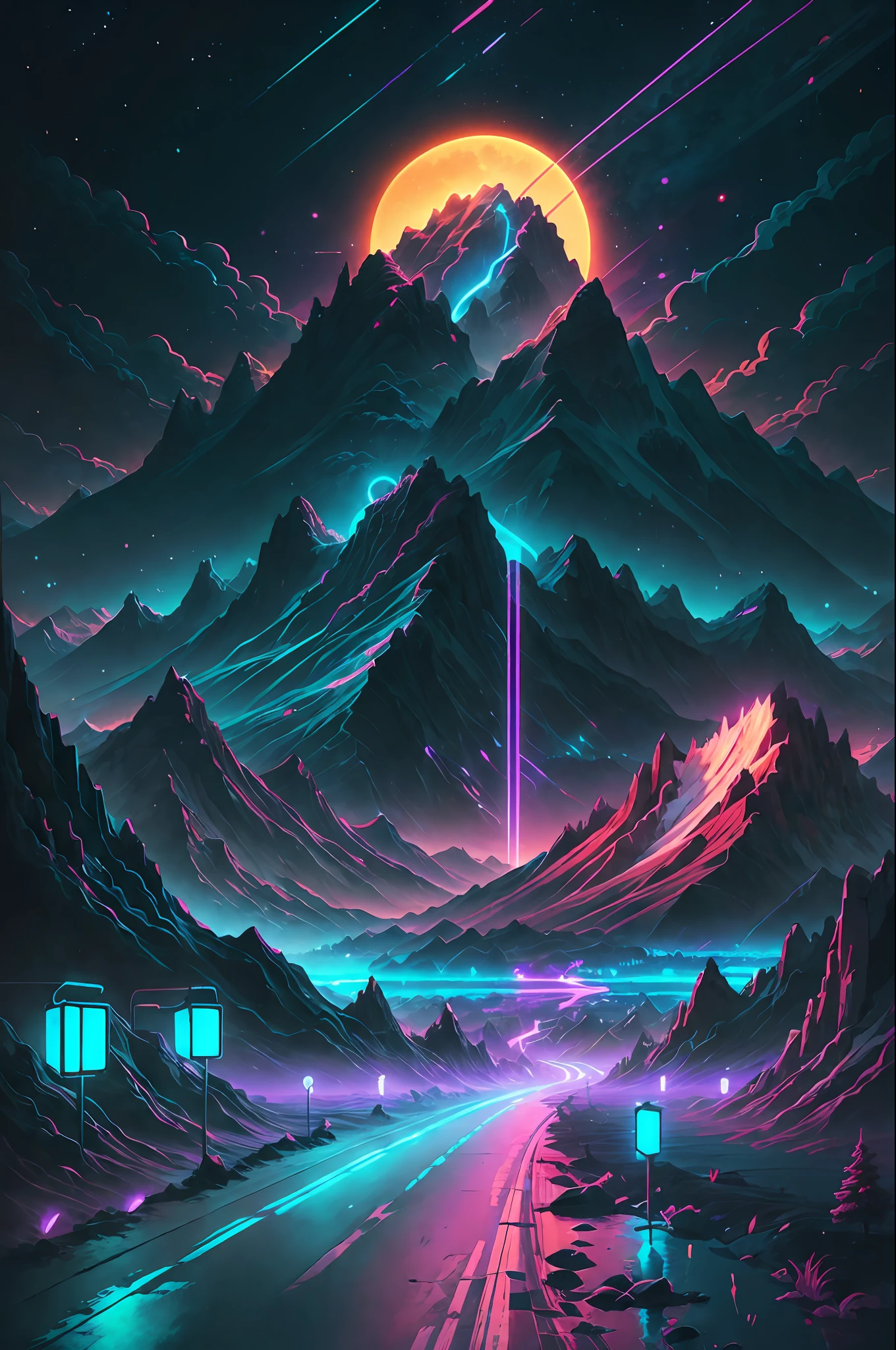 retrowave. road, purple neon lights, sun, mountain,
(masterpiece,detailed,highres),