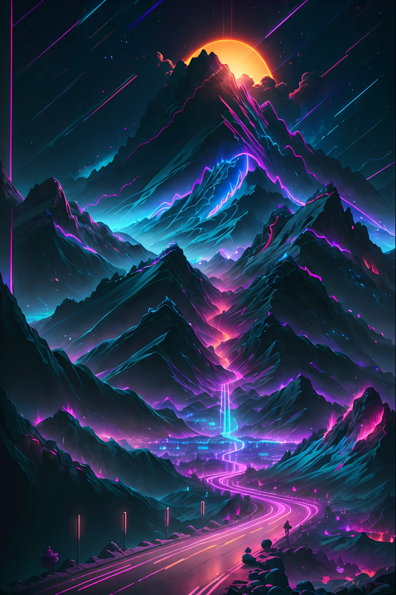 retrowave. road, purple neon lights, sun, mountain,
(masterpiece,detailed,highres),