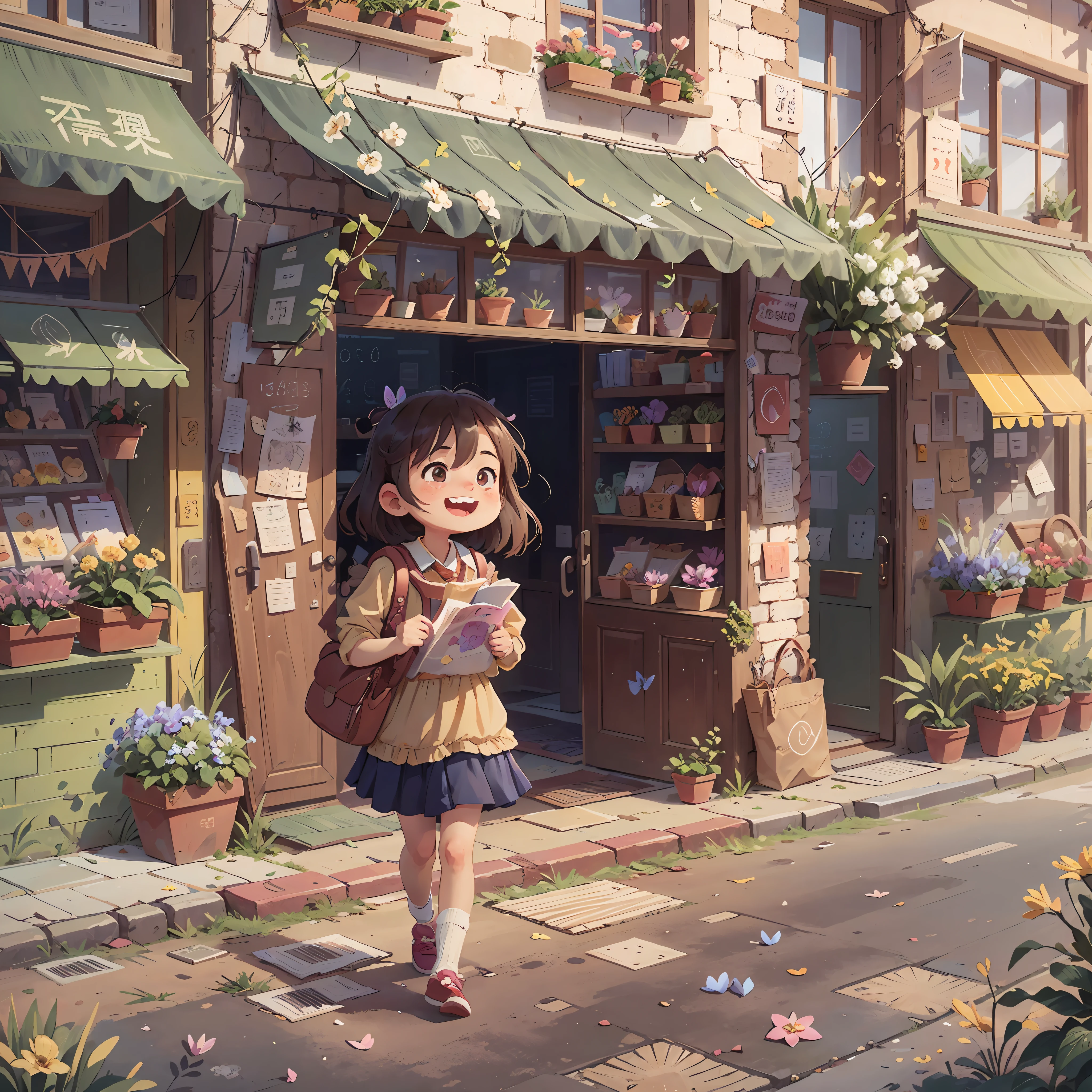 best qualitiy,杰作,UHD, A cute and innocent girl,Carrying a school bag,Walk the street,Happy laughter,The road is paved with bricks,warm sun sprinkling on her,Flower shop,Flowers sway gently in the breeze。Butterflies and birds flutter around her,Added a playful atmosphere
cachinnation,showing teeth
