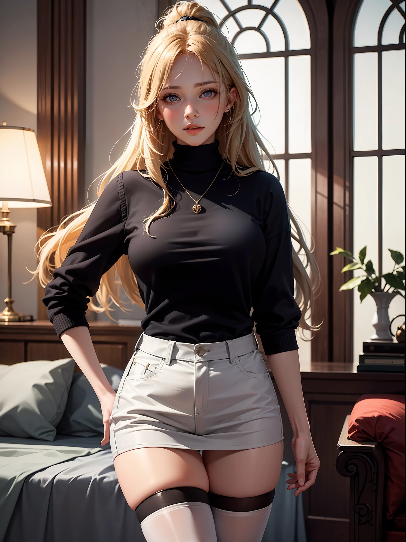 1girls, Delicate and beautiful face, get blush, Purple pupils,golden hair,long haired,High ponytail, Plump chest,Convex buttocks,White turtleneck sweater vest, Black miniskirt,Knee-length black stockings,perfectly proportioned, Detailed clothing details, inside a room,Male audience,Cinematic lighting, filmgrain, Fujicolor, light and darkcontrast, 8K, 巨作, Textured skin, Super detail, hight details, High quality, high resolusion,