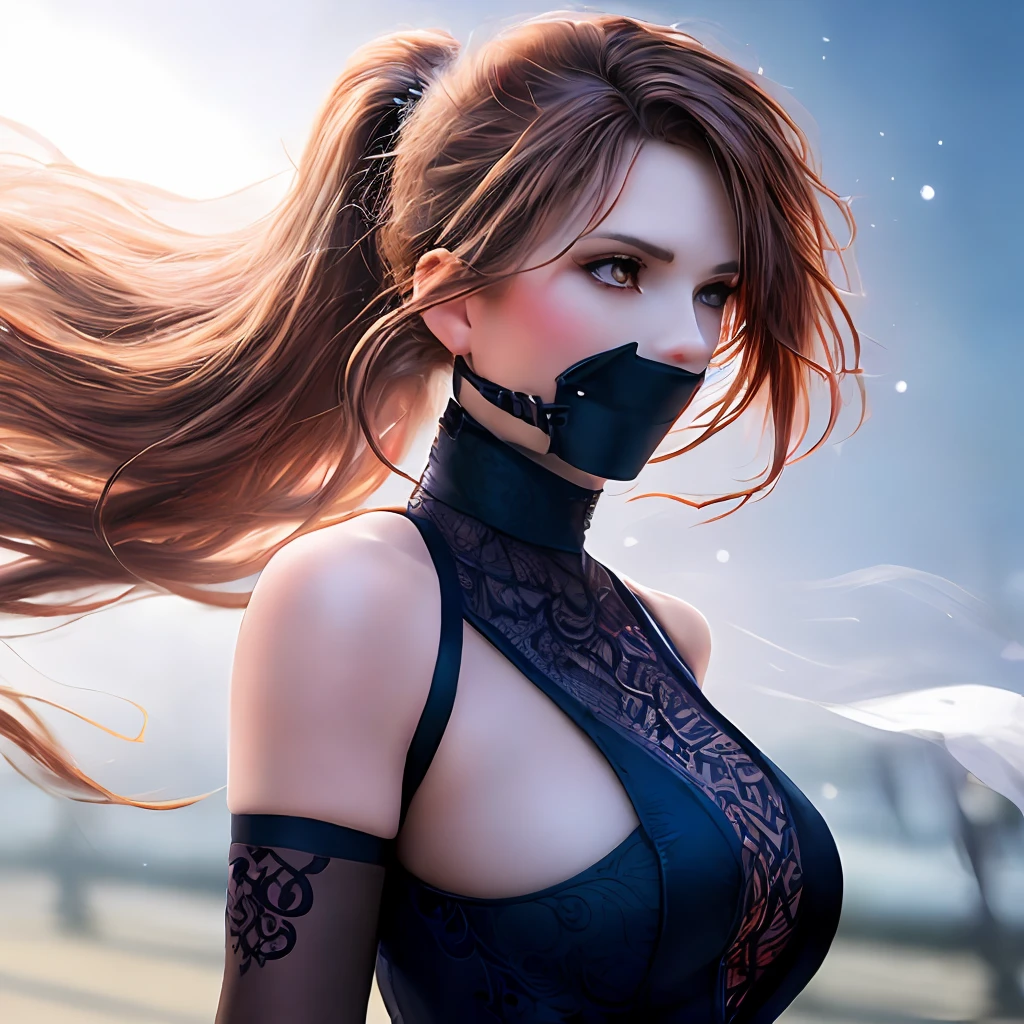 a stunning young woman wearing a panelgag, style, long blonde hair in a ponytail, (((intricate details)), full torso shot, beautiful, delicate black lace dress, dynamic pose, windblown hair, perfect face, intricate, complex, whirling bokeh, trend in artstation, sharp focus, studio photo, intricate details, highly detailed, sharp, (oil on canvas), perfect lighting,  Masterpiece, detailed background, portrait by Artgerm and Greg Rutkowski, cinematic lighting, 8K,