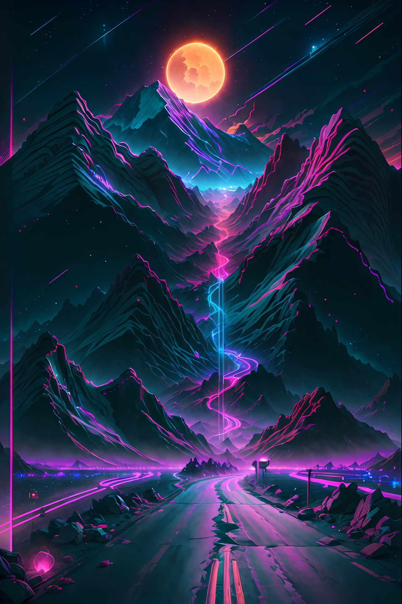 retrowave. road, purple neon lights, sun, mountain,
(masterpiece,detailed,highres),