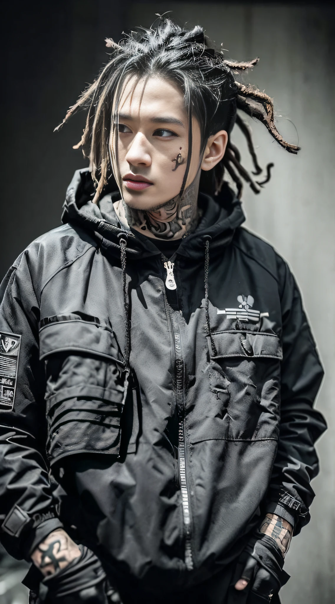 (品质最佳, 巨作)OriginalPhotographs,Fisheyes(rapper with dread hair, tattooed,mechanic arms)techwear jacket,Hood,scrolls,black and white clothes,Very detailed,Cinematic,Glow,ultrasharp,Particle