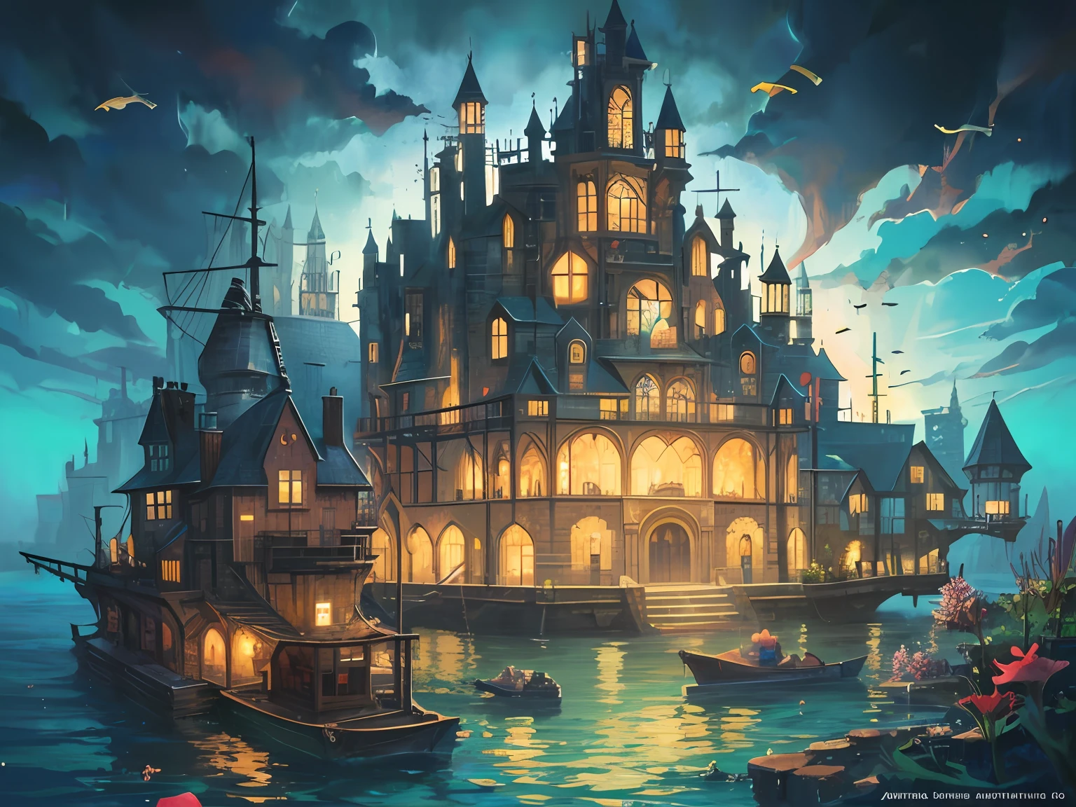 (Fantasy: 1.2), Color (Hayao Miyazaki style), (irregular building floating in the sea), patchwork cottages, flower decorations, lights, concept art inspired by Andreas Rocha, Artstation contest winner, Fantasy art, (underwater city), ross tran, light shafts, realistic lighting, masterpiece, high quality, beautiful graphics, high detail, masterpiece, high quality, beautiful graphics, high detail, --v6