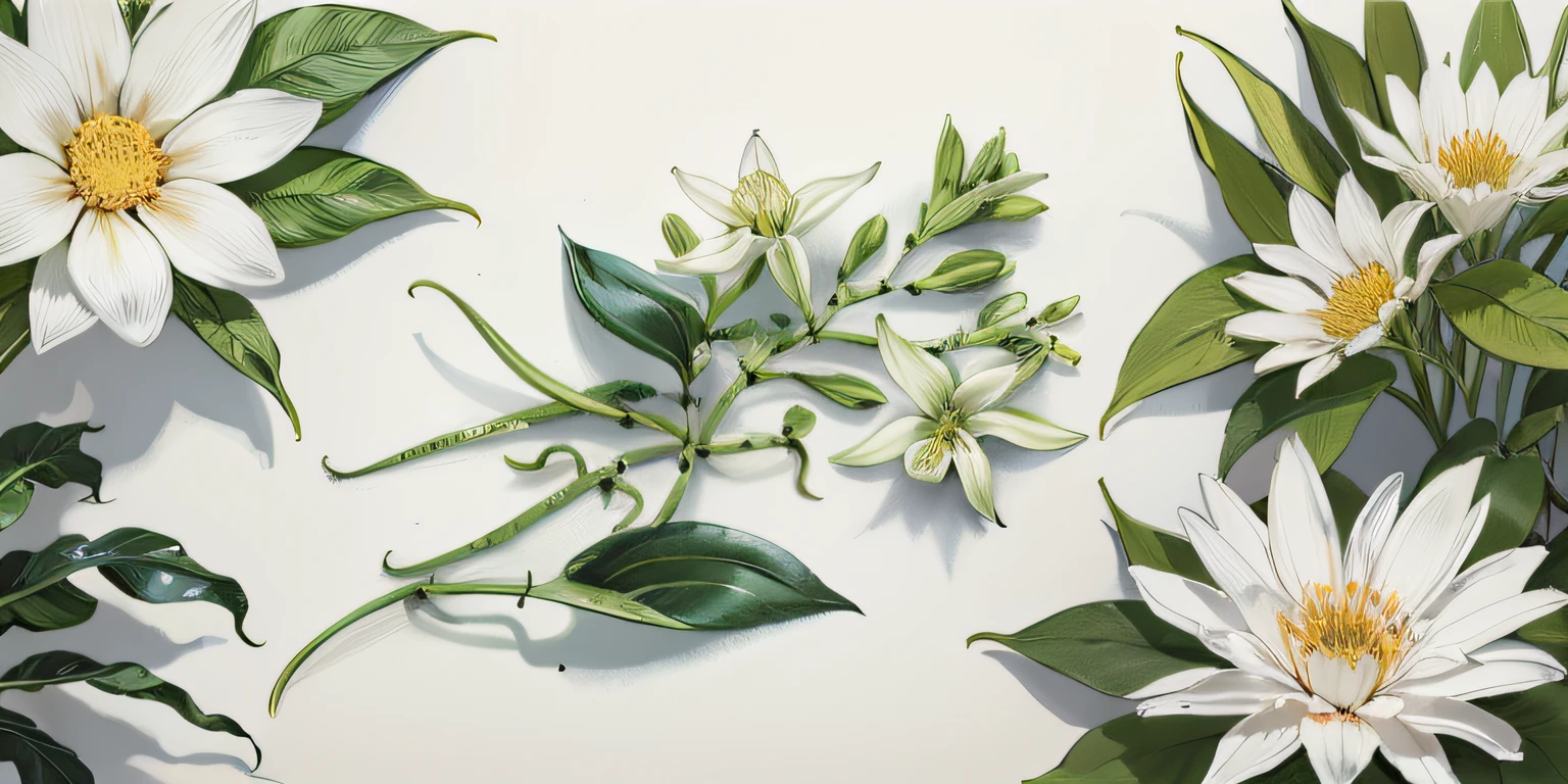 Botanical drawing of white flowers and green leaves