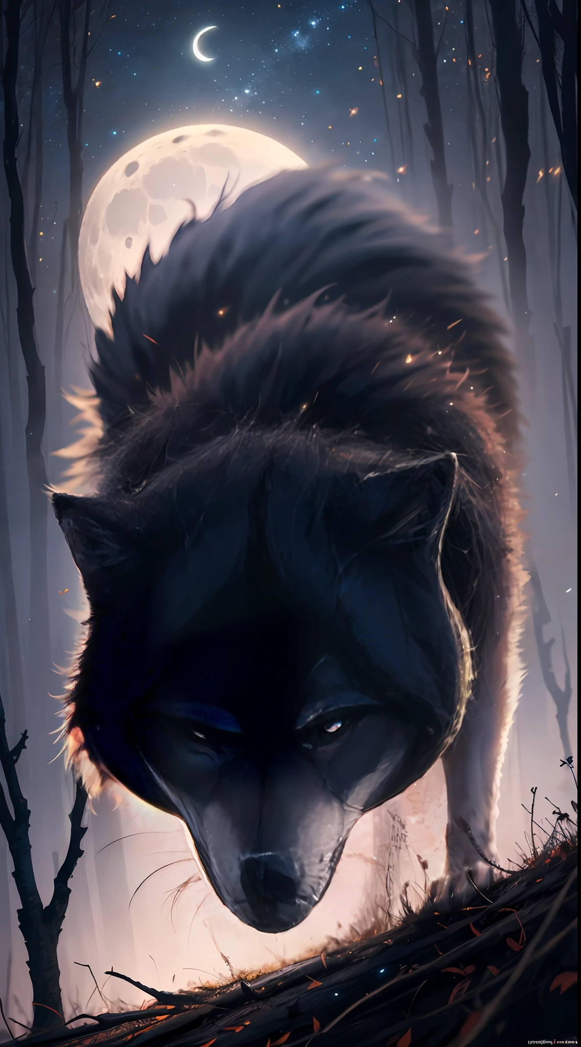 Black colored wolf "blue eyes", fierce, hunting, dangerous forest, midnight moon (detailed high resolution image), 1 angry, fearless wolf. Howling, big, powerful. Open forest, night, stars.