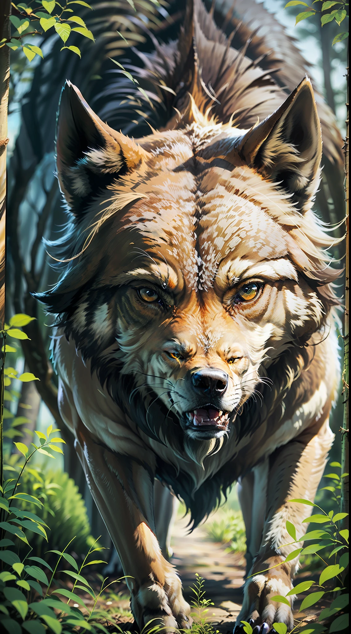 Pack of wild wolves, hunting, light, dangerous forest. (photorealistic) great leader