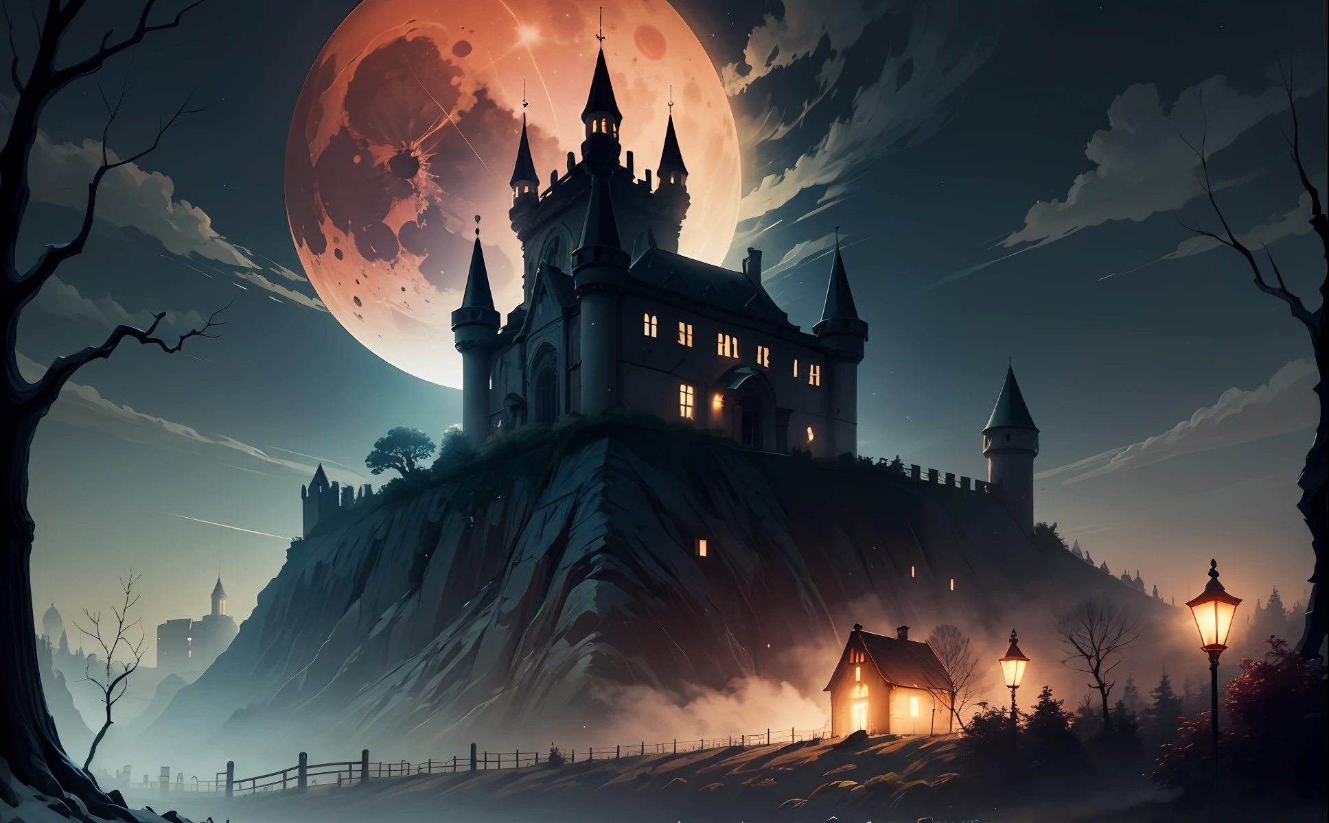 Ruined castle，Night，Blood-red moon，Dead branches in the foreground，Barren meadows，bat，A black mist hangs over the castle，Fuel lamps，Cemetery，crosses