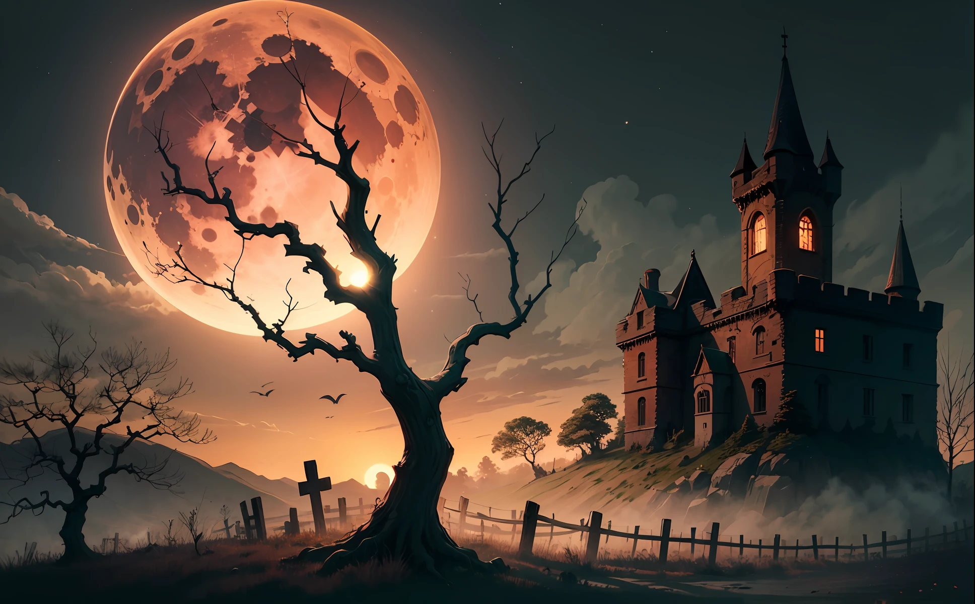 Ruined castle，Night，Blood-red moon，Dead branches in the foreground，Barren meadows，bat，A black mist hangs over the castle，Fuel lamps，Cemetery，crosses
