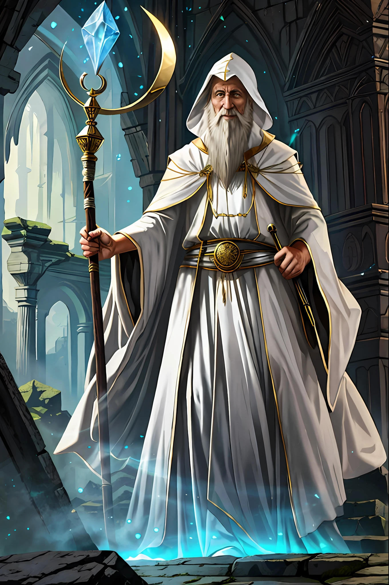 magv1ll, old wizard, white robe, holding staff, ruins, glow,black magic,
