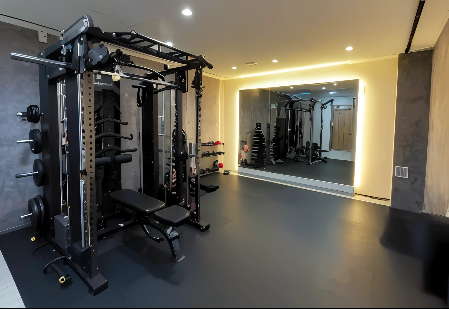 there is a gym with a mirror and a bench in the room, fit build, cottagecore!! fitness body, athletic build, completely filled space, background a gym, whole room, photograph taken in 2 0 2 0, filled with natural light, athletic crossfit build, working out, local gym, indoor shot, black show room, corner