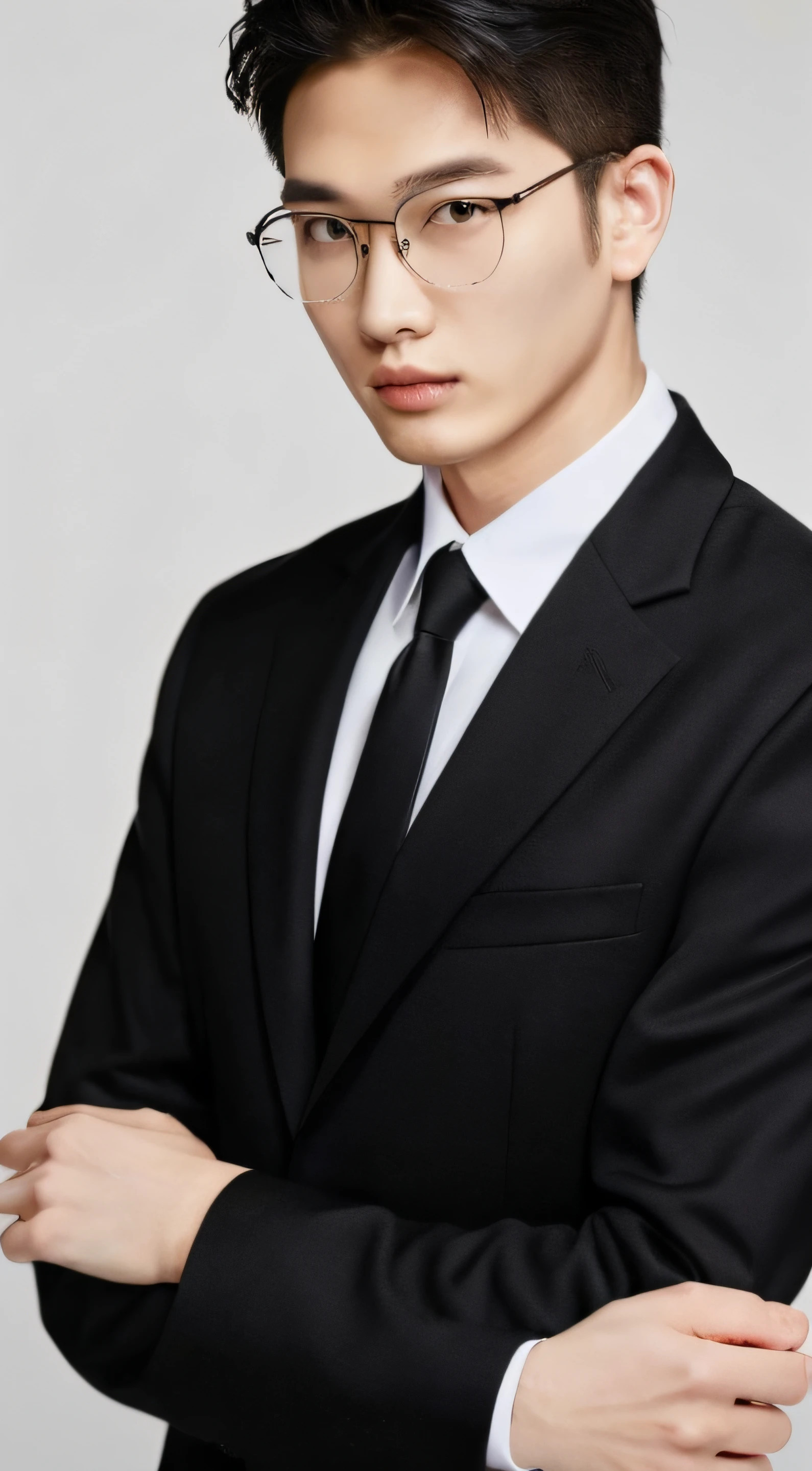 (masterpiece, ultra quality, high resolution, 8k, intricate: 1.2),(wearing black suit:1.5), handsome, detailed skin, pores, , hunk, male focus, ((realistic)), good lighting quality, muscle veins, ((pale skin)), flexing, balanced eyes, brown eyes,((( full body))), lecturer, Malaysian , 45 years old, Buzz cut hair style, with glasses ,(((full head and body)))