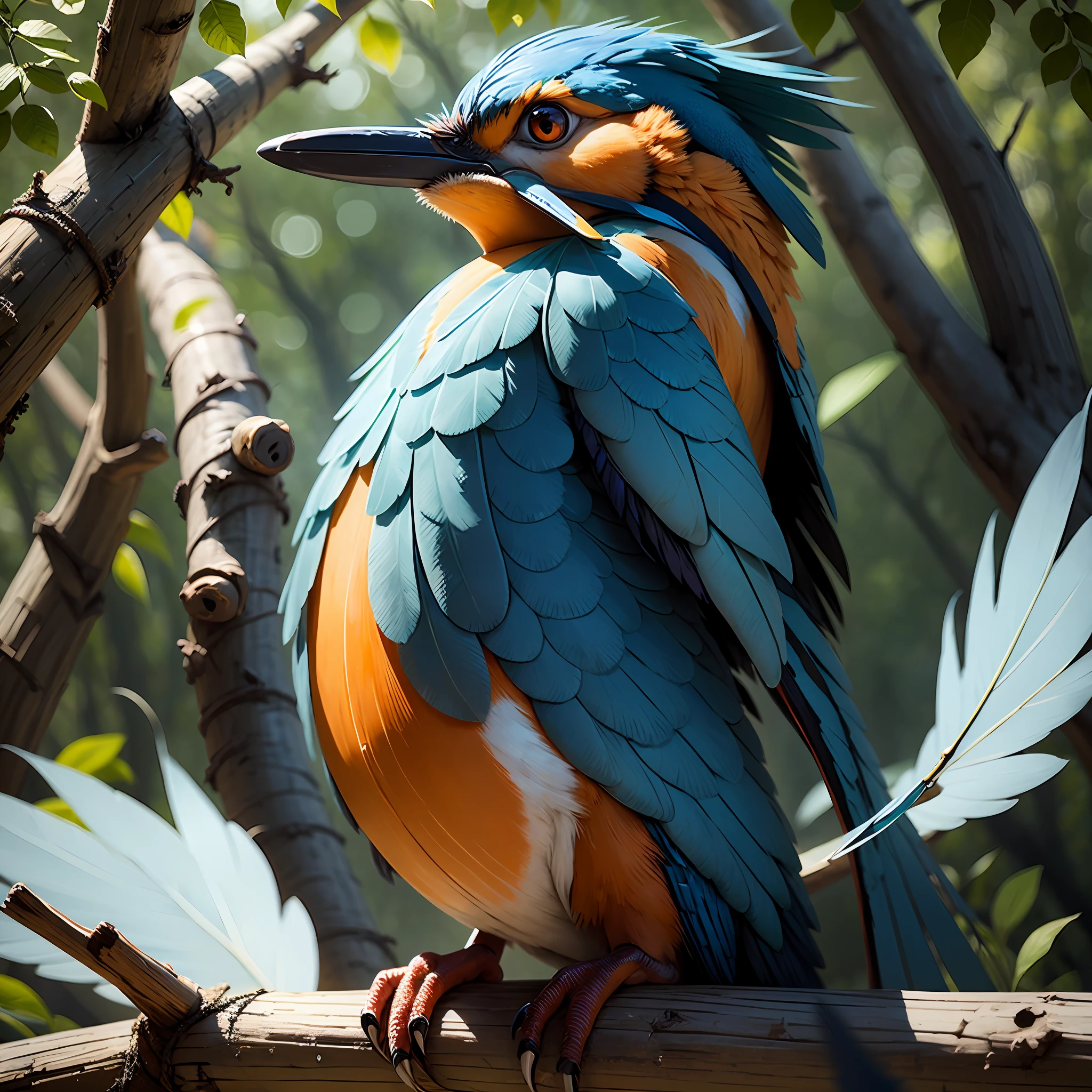 kingfisher，Blue feathers，Long black mouth，The abdomen is orange，Two paws，Fish in his mouth，Falls on a branch --auto