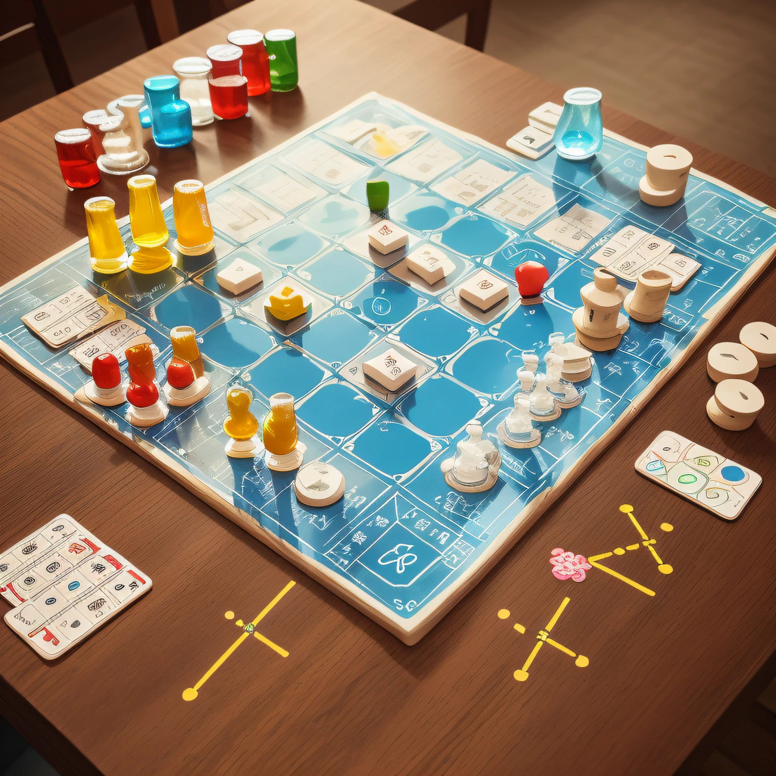 Board games with chemistry themes,There are cylindrical pieces on the board,The checkerboard is checkered。The pieces in it represent chemical elements。This chemistry themed board game,The combination of science and wisdom is revealed,Close up of,杰作,high qulity