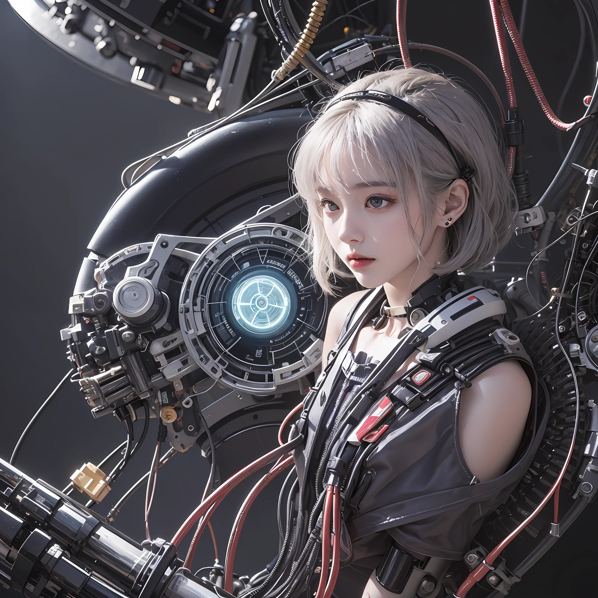 (((masterspiece)))、(((maximum quality)))、((ultra definition))、(Highly detailed photoreality)、((anextremelydelicateandbeautiful))、(Delicate and cute face)、Cinematic light、8K Video、((One girl parasitized by a machine))、独奏、all over the body、glowy skin、huge  tits、The cleavage is visible、white-haired、Purple eyes、Luminous Eyes、Thigh skin exposed metal、Metallic body、Detailed neon、Hydraulic cylinder、(Mechanical joint:1.4)、((Limbs of the machine))、(blood vessels connected to tubes)、((Vertebrae of a machine attached to the back))、((Mechanical cervical spine)Attached to the neck))、((Sitting))、emotionless、(Wires and cables attached to the head and body:1.5)、(Character Focus)、Small LED lamps on the body、Evangelion、Rei Ayanami、OTL、