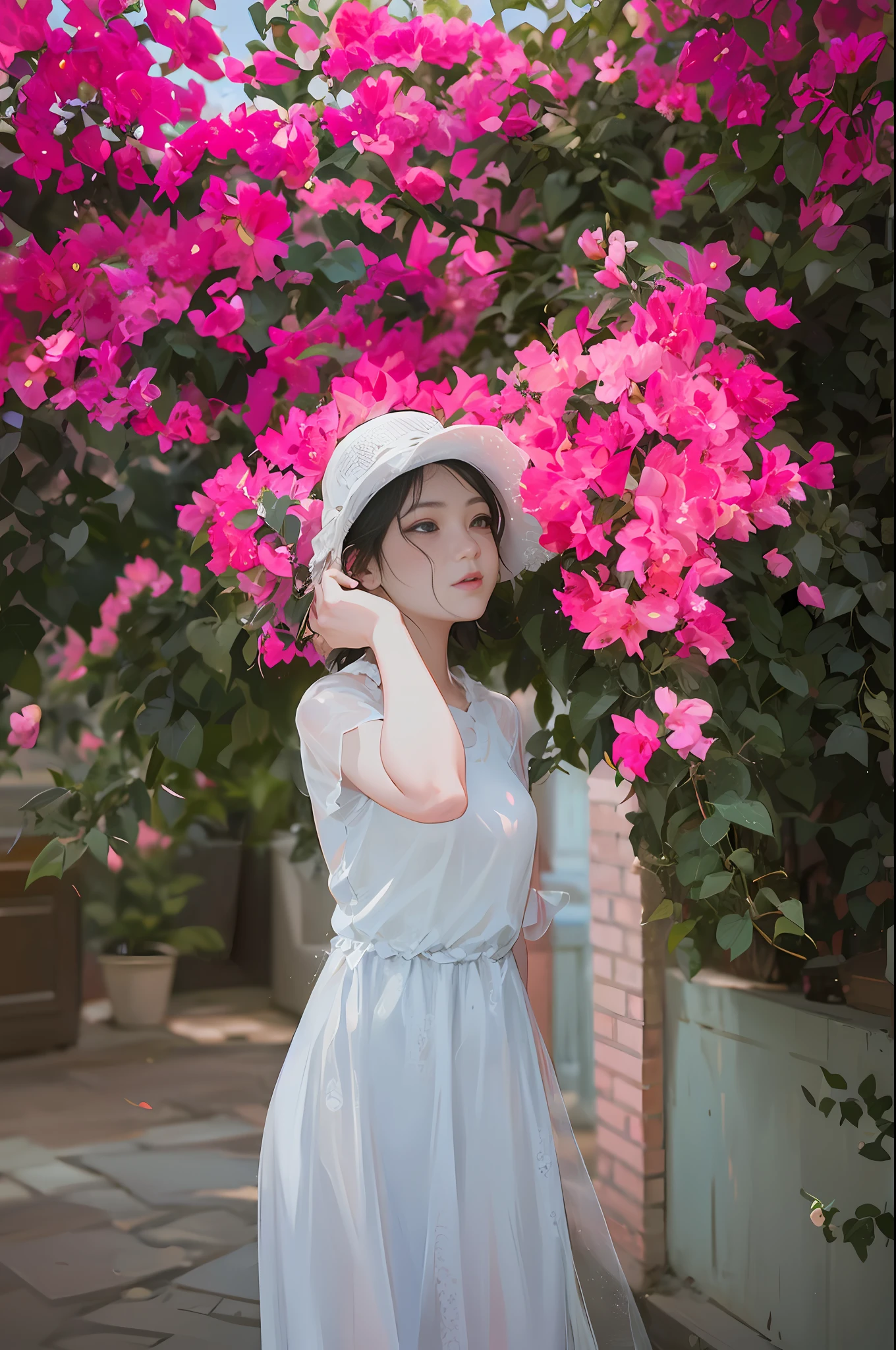 There is one wearing a white dress,Woman in white hat standing in front of a bush of flowers, Look at the lens,Girl in flowers, With flowers, woman in flowers, dressed in a flower dress, bougainvillea, Beautiful young Korean woman, lady with glowing flowers dress, Urzan, Beautiful Korean woman, flower dress, a beautiful woman in white, young asian girl
