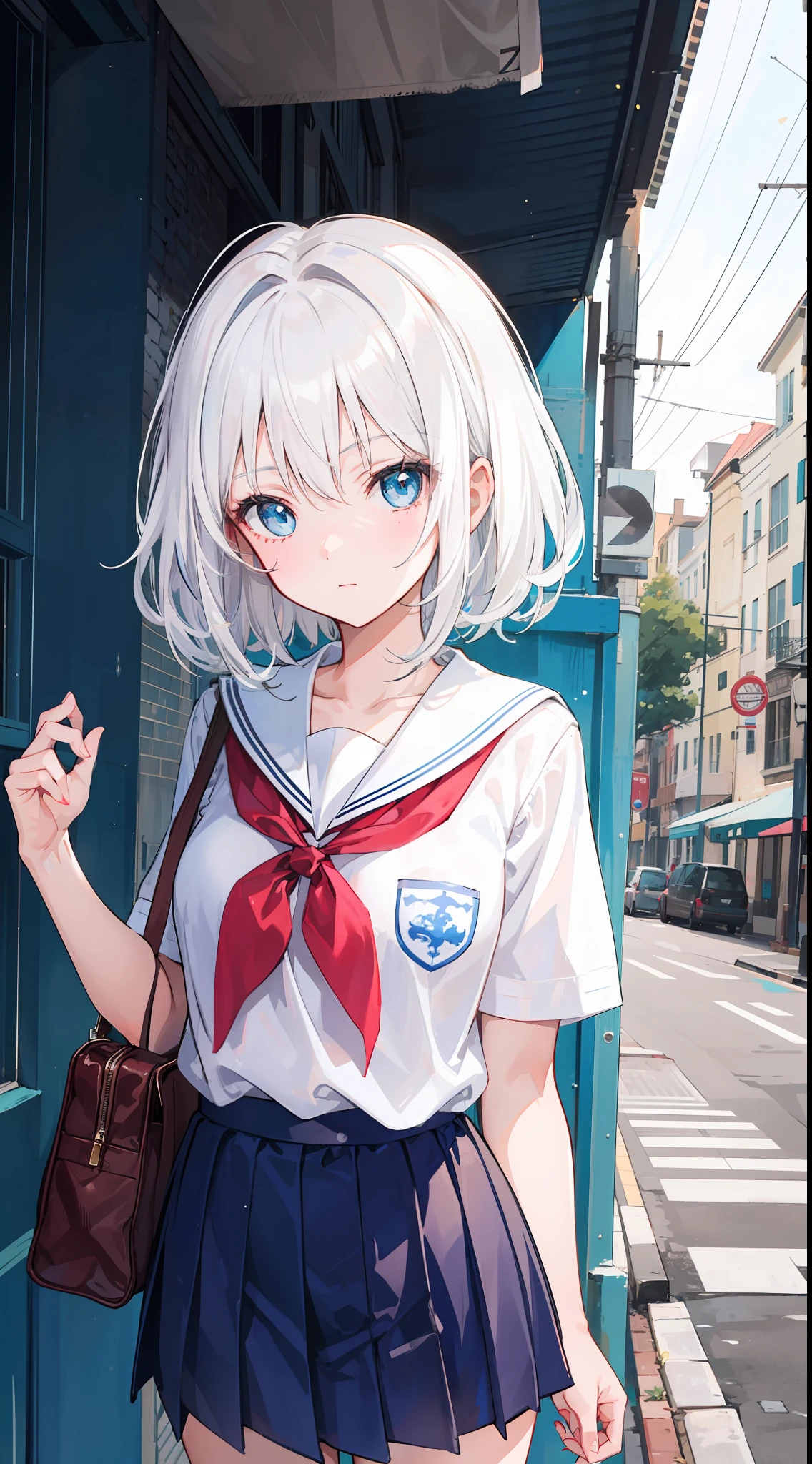 A girl, white hair and blue eyes, was standing at a crossroads alone, she was wearing her school uniform, her face was pretty and cute