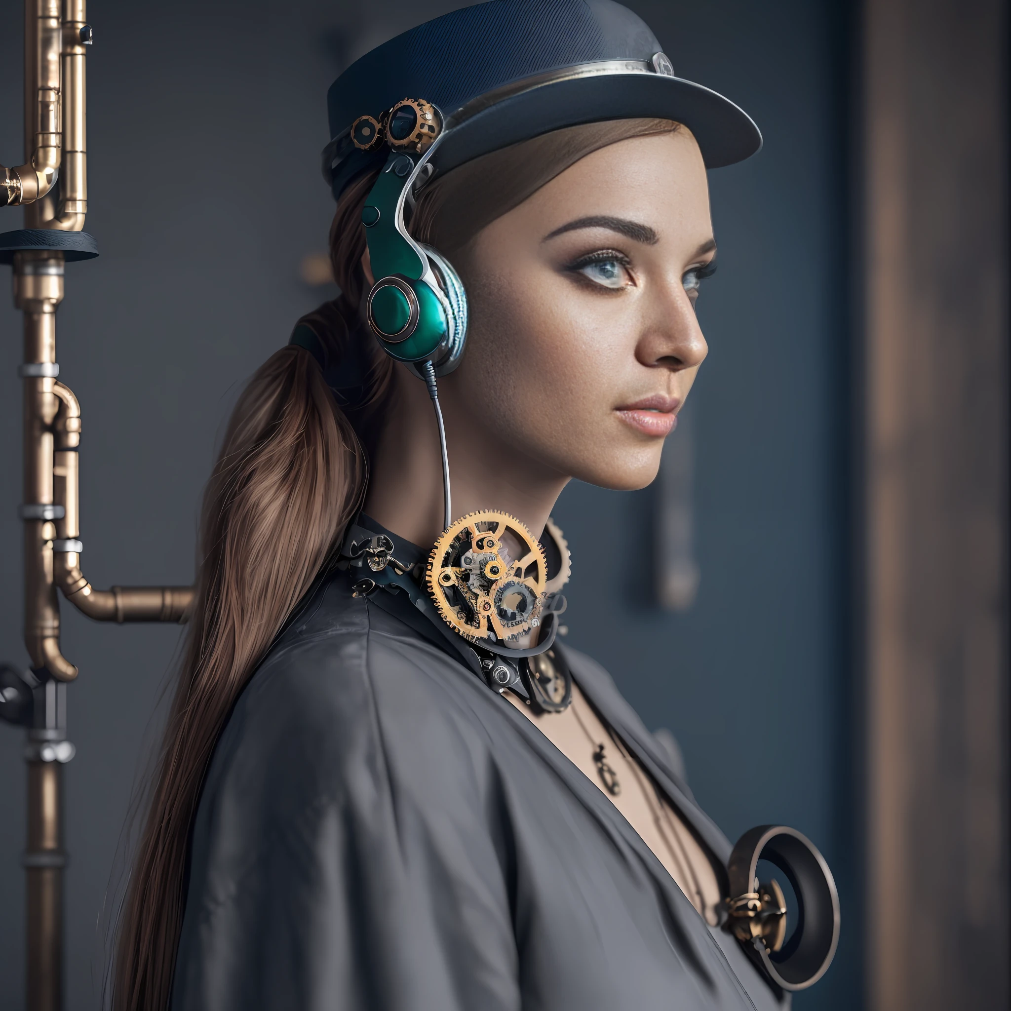 (photo, photorealistic:1.37), one girl, full body, sitting on a chair, shot from side, profile, slow motion, female steampunk engineer, (wearing a gray jumpsuit with steampunk details:1.2),(ornately decorated intercom headset:1.3), (ornately decorated choker), (insanely detailed steampunk, bloom:1.5), (detailed pupils:1.1), detailed face and green eyes, Masterpiece, best quality, (highly detailed photo:1.1), (long ginger Hair, ponytail,ecstatic:1.1), (young woman:1.1), sharp, (perfect body:1.1), realistic, real shadow, 3d, (steampunk workshop interior filled with lots of steam pipes background:1.2), photographed by Canan EOS R6, 135mm, 1/1250s, f/2.8, ISO 400