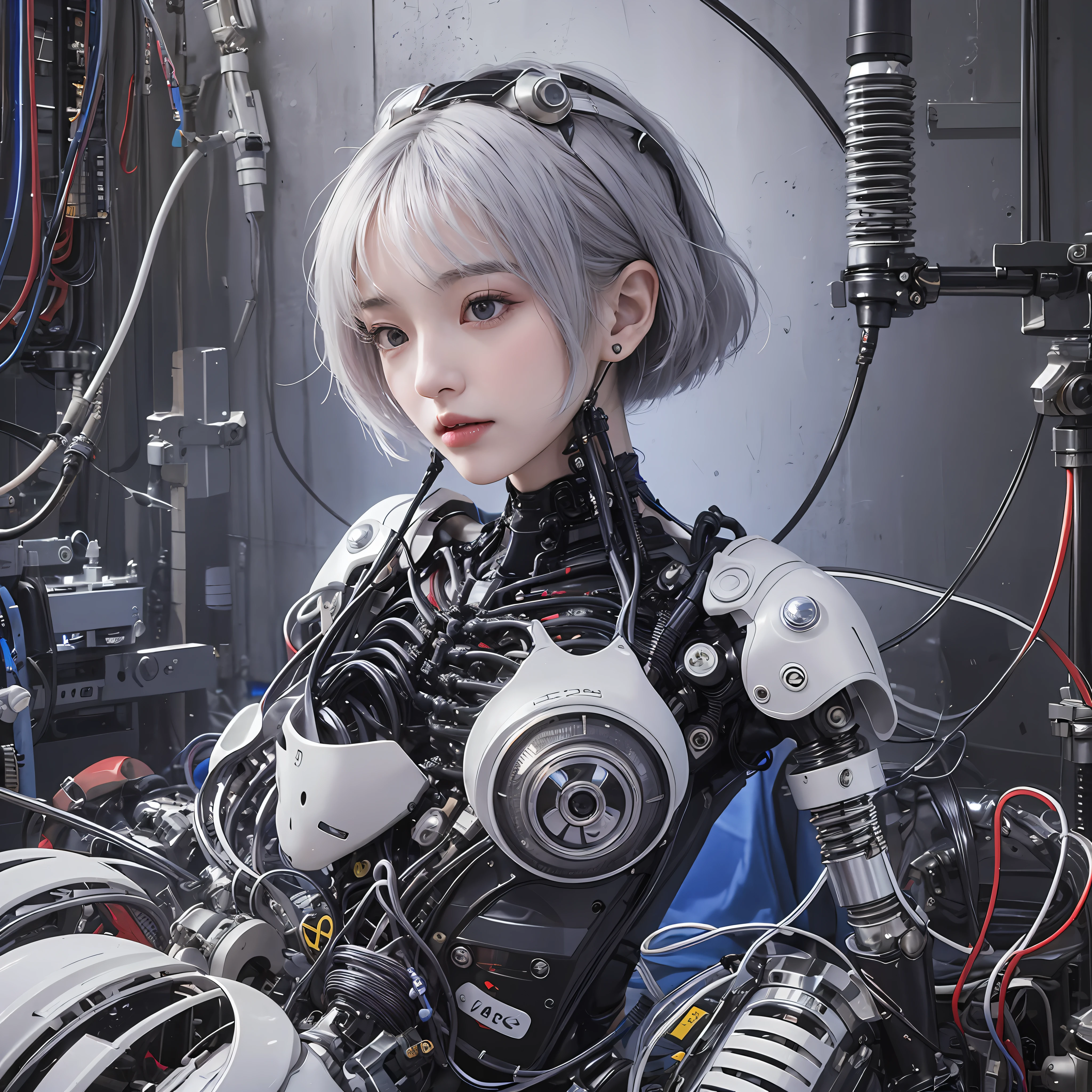 (((masterspiece)))、(((maximum quality)))、((ultra definition))、(Highly detailed photoreality)、((anextremelydelicateandbeautiful))、(Delicate and cute face)、Cinematic light、8K Video、((One girl parasitized by a machine))、独奏、all over the body、glowy skin、huge tits、The cleavage is visible、white-haired、Purple eyes、Luminous Eyes、Thigh skin exposed metal、Metallic body、Detailed neon、Hydraulic cylinder、(Mechanical joint:1.4)、((Limbs of the machine))、(blood vessels connected to tubes)、((Vertebrae of a machine attached to the back))、((Mechanical cervical spine)Attached to the neck))、((Sitting))、emotionless、(Wires and cables attached to the head and body:1.5)、(Character Focus)、Small LED lamps on the body、Evangelion、Rei Ayanami、OTL、
