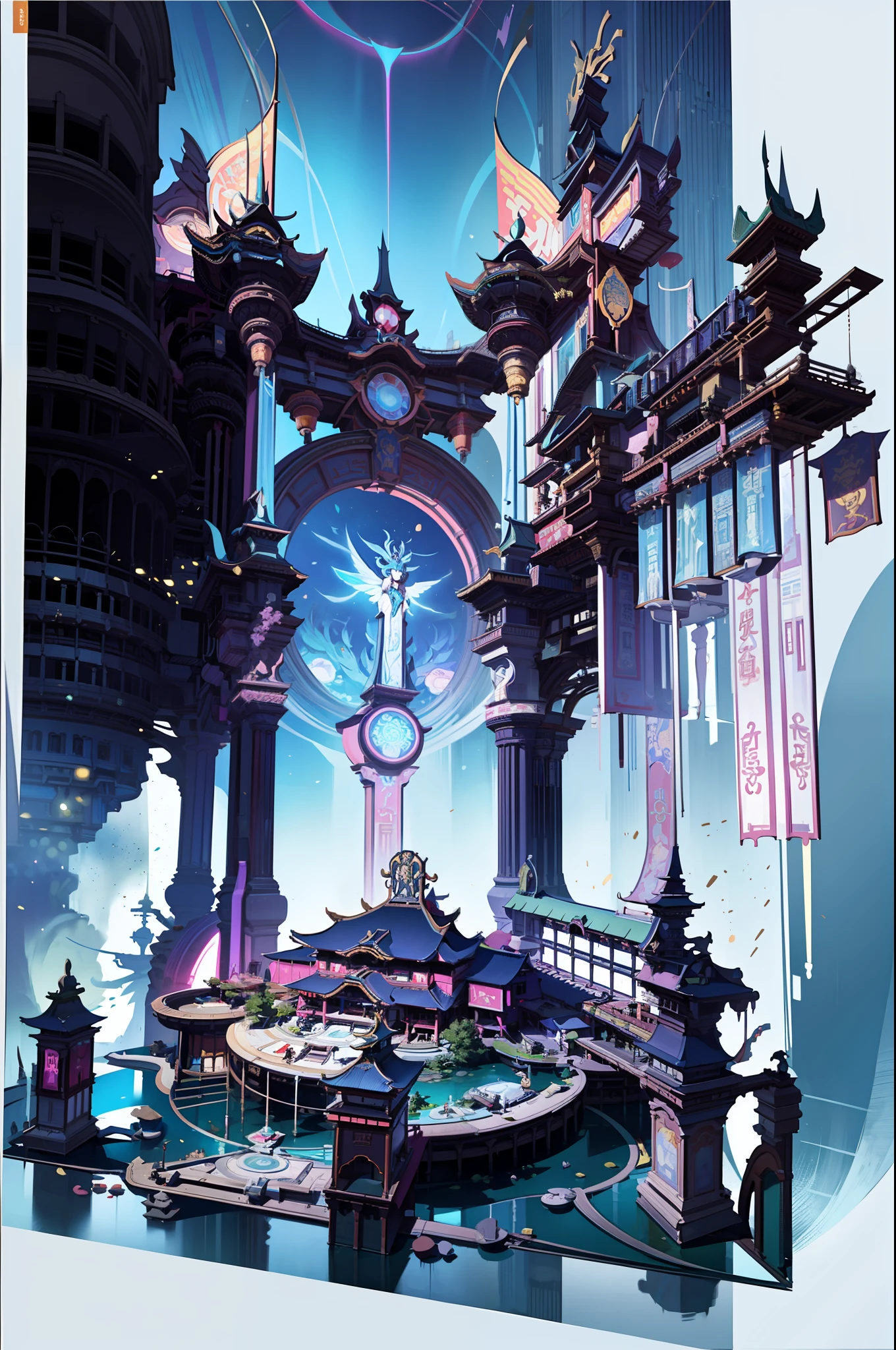 Game Academy，Ethno-style architecture，Ancient Chinese，Structurally sound、high-definition details，sci-fy，neon lit，The cyberpunk，Hologram aura，Particle effects，perfect works，White background，（杰作，premier quality，best qualitiy，officlal art，Beauty and aesthetics：1.2），（8K，best qualitiy，杰作：1.2）