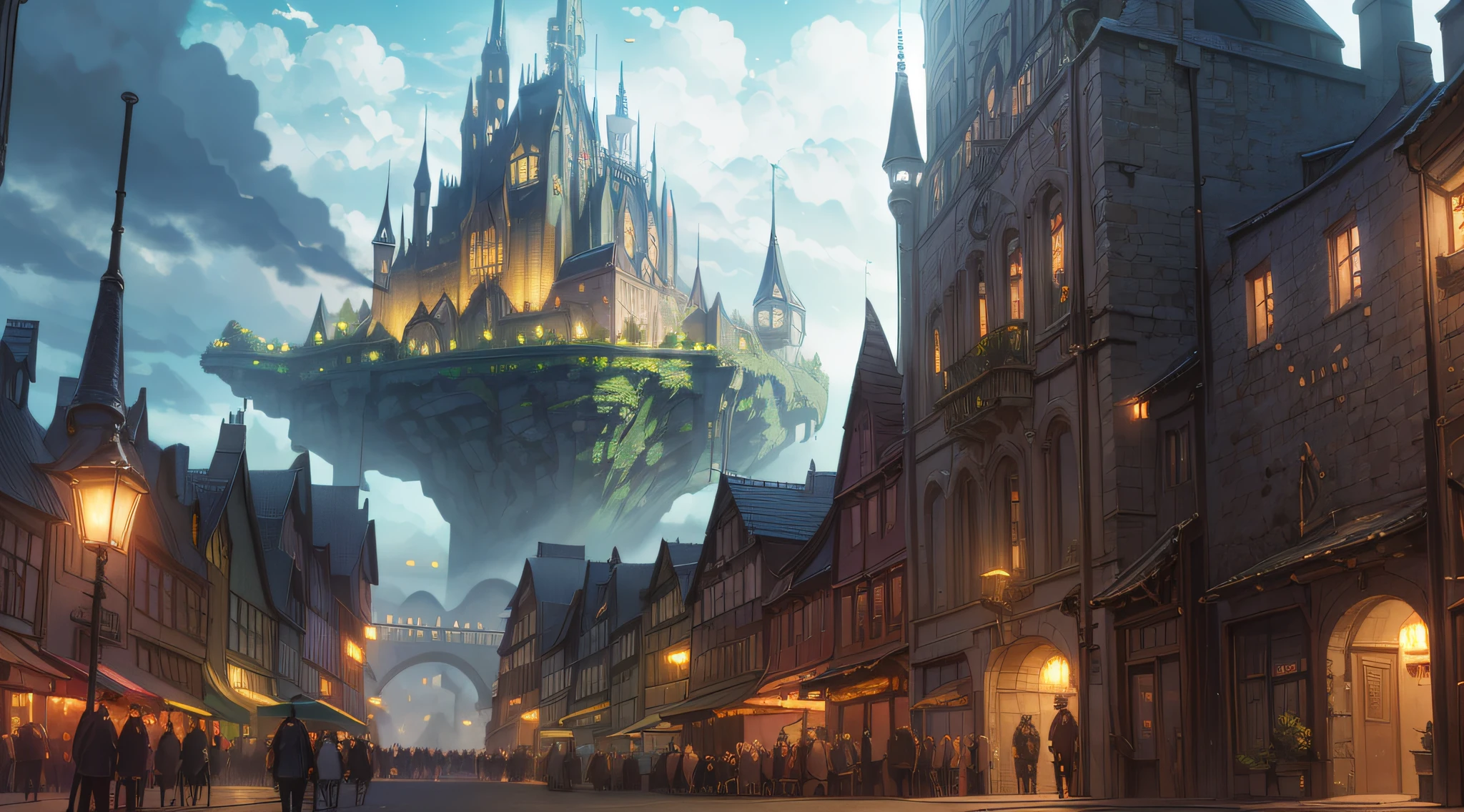 jiji，Bustling crowds，streets，((chic), Best Picture Quality, Visual spectacle, Magical atmosphere, (FANTASY CITY OR QUIET MAGIC CITY), Summary of details, Immersive, (SPECIAL EFFECT LIGHTING OR LIVE LIGHTING))，middle ages，Europeans，There are wyverns in the sky，high resolusion，Ultra detailded，Realistic texture，Bold textures，Crazy textures,