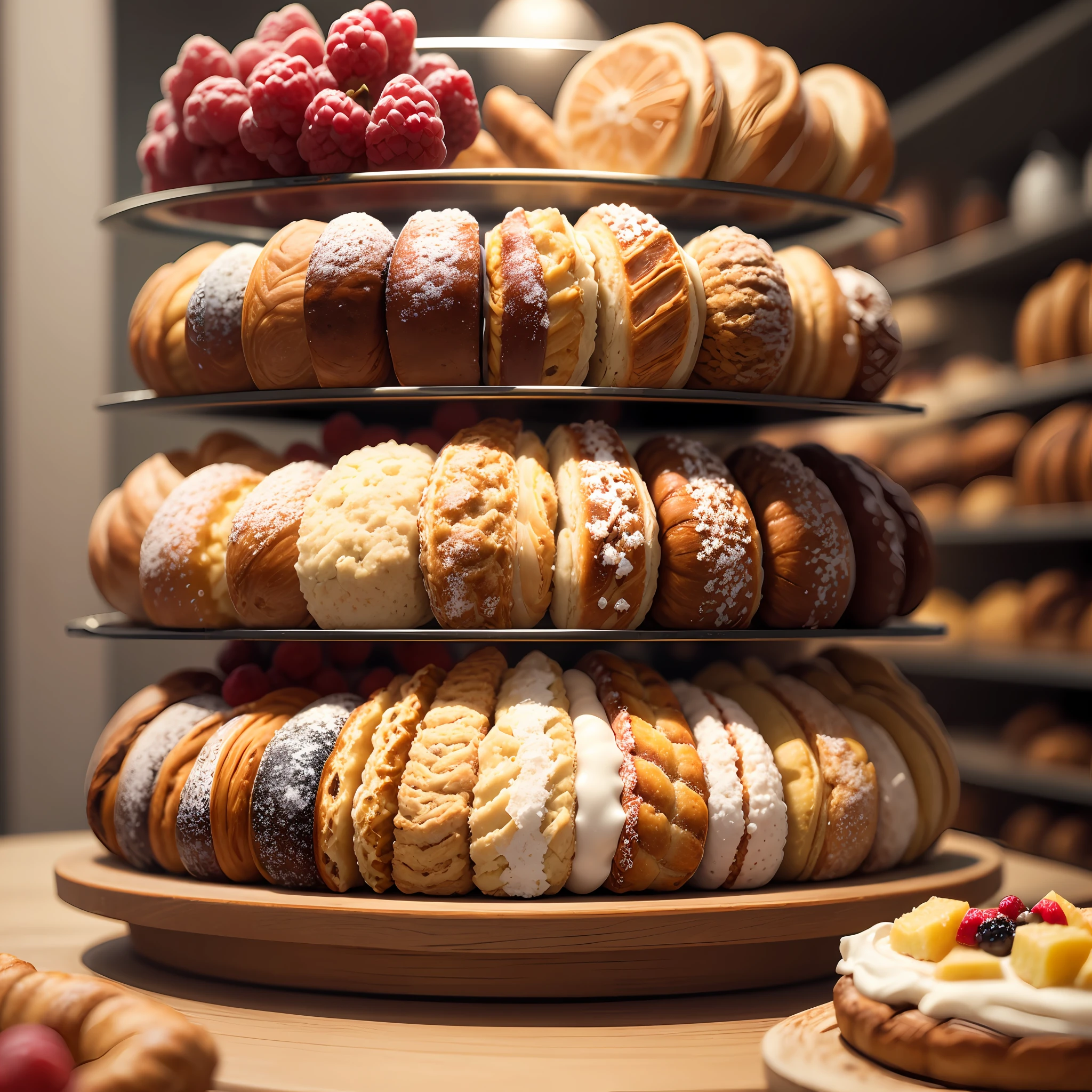 Viennoiserie with mix berry and cerry, Viennese pastries are French pastries, Made from yeast yeast dough, similar to bread. without text, --AR 1:2 --auto