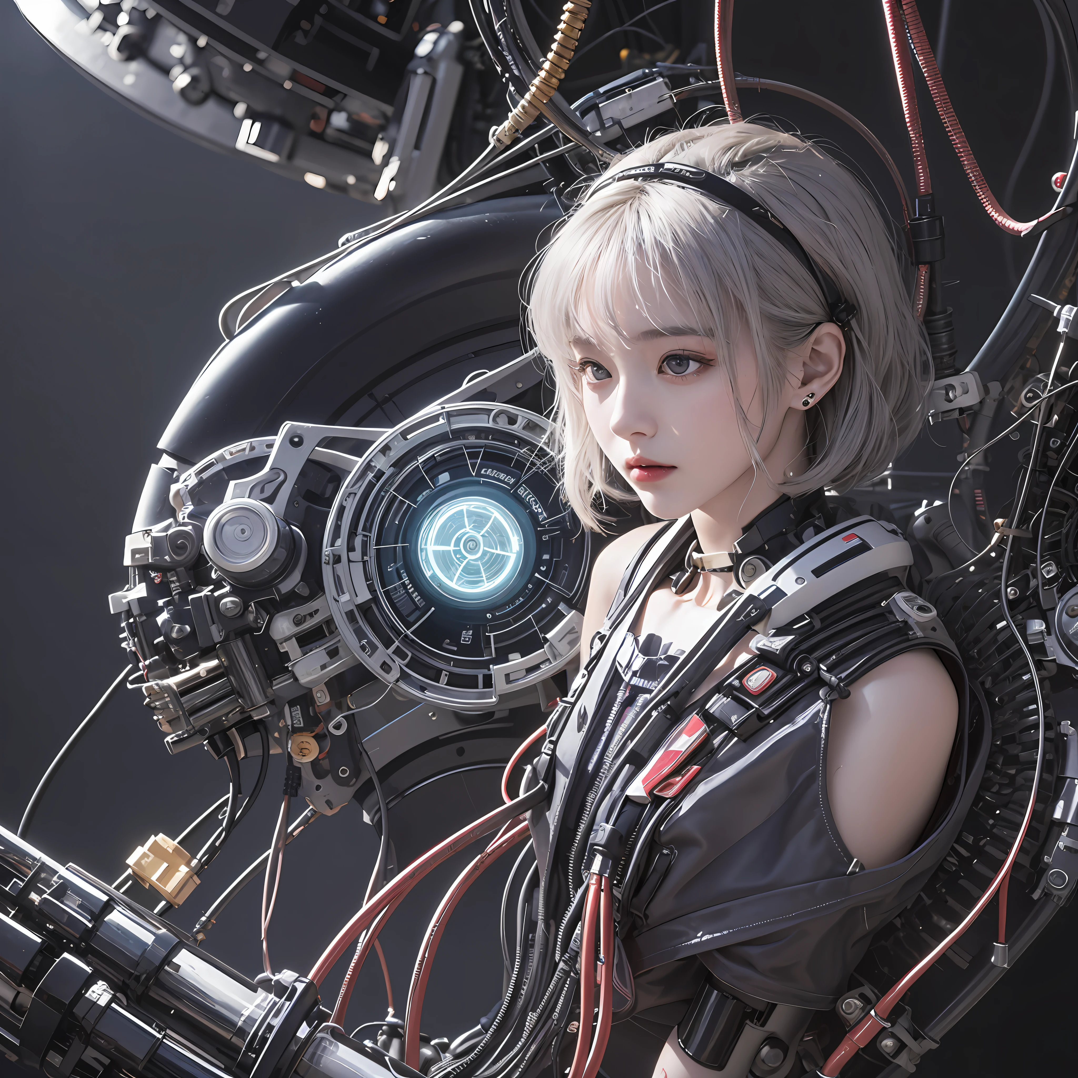 (((masterspiece)))、(((maximum quality)))、((ultra definition))、(Highly detailed photoreality)、((anextremelydelicateandbeautiful))、(Delicate and cute face)、Cinematic light、8K Video、((One girl parasitized by a machine))、独奏、all over the body、glowy skin、huge tits、The cleavage is visible、white-haired、Purple eyes、Luminous Eyes、Thigh skin exposed metal、Metallic body、Detailed neon、Hydraulic cylinder、(Mechanical joint:1.4)、((Limbs of the machine))、(blood vessels connected to tubes)、((Vertebrae of a machine attached to the back))、((Mechanical cervical spine)Attached to the neck))、((Sitting))、emotionless、(Wires and cables attached to the head and body:1.5)、(Character Focus)、Small LED lamps on the body、Evangelion、Rei Ayanami、OTL、