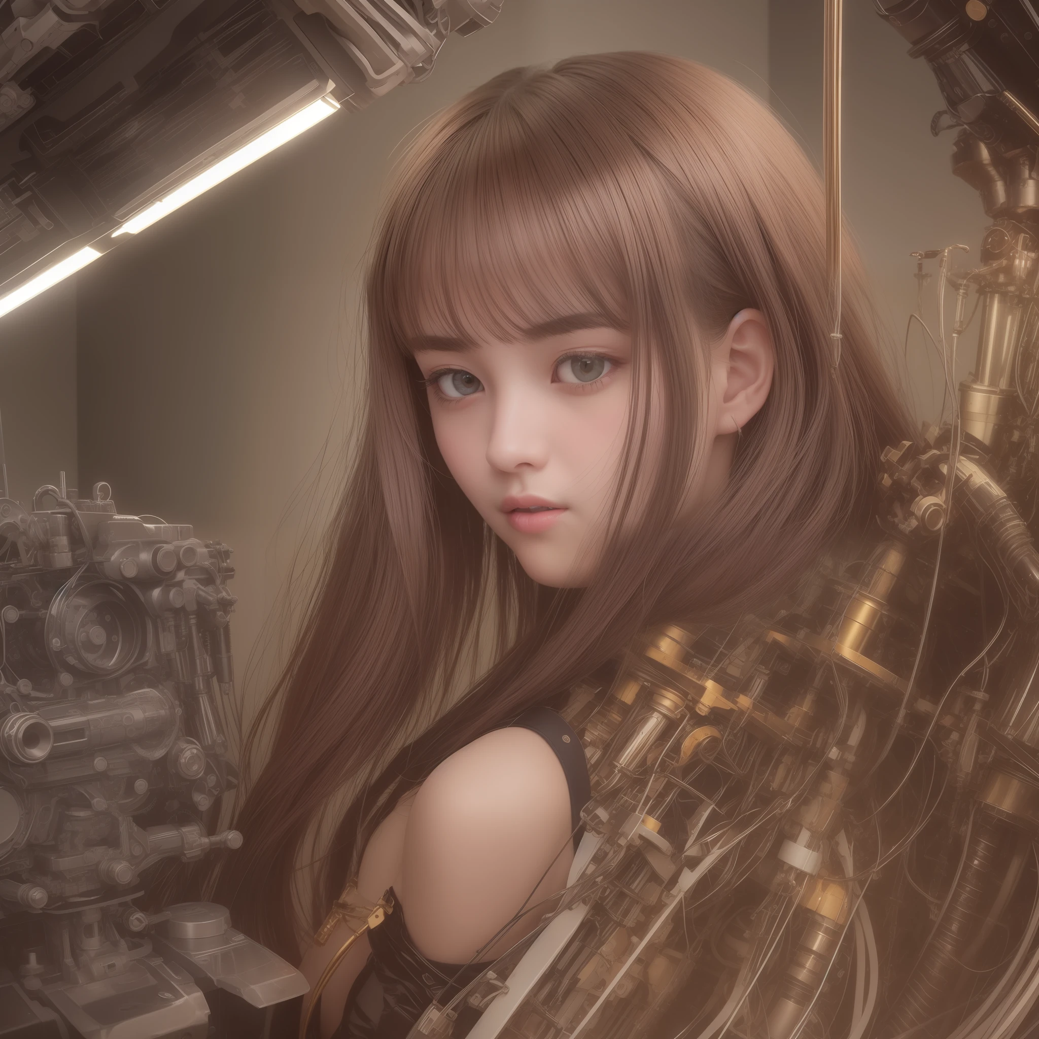 beste Quality、masterspiece、ultra-highres、(photorealestic:1.4)、Raw photo、女の子1人、Black hair、glowy skin、1 Mechanical Girl、((ultra realistic details))、portlate、Global Illumination、Shadow、Rendu octane、8K、ultrasharp、Giant tits、Raw skin is exposed in cleavage、metals、Details of complex ornaments、Gundam details、Matsumoto Meter、vacuum tubes、Nixie Kan、Oil pressure gauge、Glass Kan、Analog Meter、cogs、gear、Golden hydraulic cylinder、high intricate details、Realistic light、CGSoation Trends、violet colored eyes、shinning eyes、Facing the camera、neon details、Mechanical limbs、blood vessels connected to tubes、Mechanical vertebrae attached to the back、mechanical cervical attaching to neck、sitting on、Wires and cables connecting to the head、Gundam、Small LED lamp、Luminous tube、