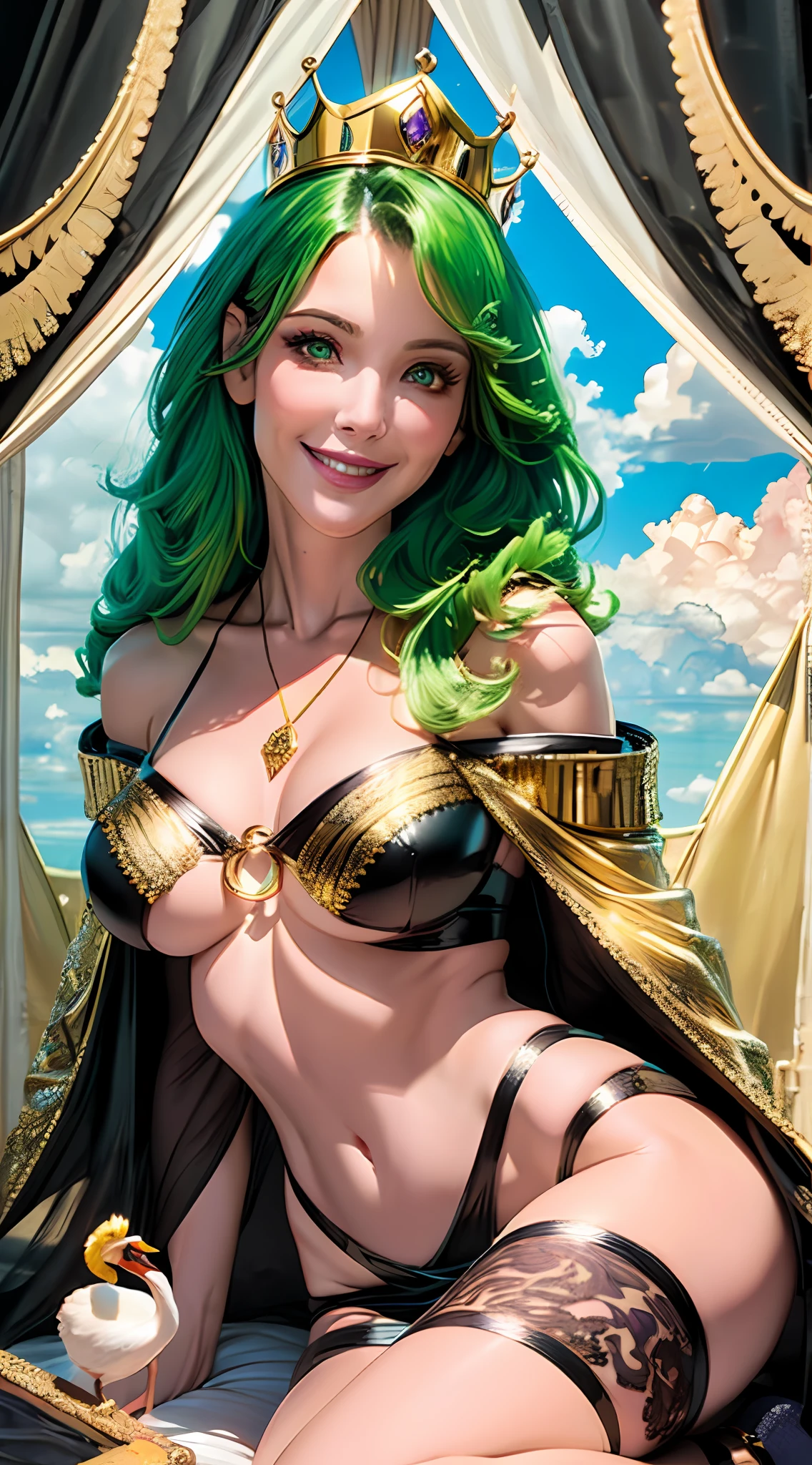(concept art), masterpiece, best quality, photorealistic, 8k raw photo, a portrait half-body photograph by Tom Bagshaw, tarot card style, [:(detailed face:1.2):0.2], absurdres iris textures, facing viewer, cowboy shot, (photorealistic:1.5), perfect body, 
a beautiful girl pureerosface_v1, smiling, ankle high heels, wearing transparent black off_shoulder_bandage_dress with gold ornaments and crown, necklace, armband, navel ring, transparent heavy lace cloak made of swan feathers, big boobs, green eyes, long legs, long green hair, rim lighting, lying on bed inside a silky luxurious tent, treasure chests, hills, rainforest, blue sky, clouds, sun style-hamunaptra, DarkFantasy