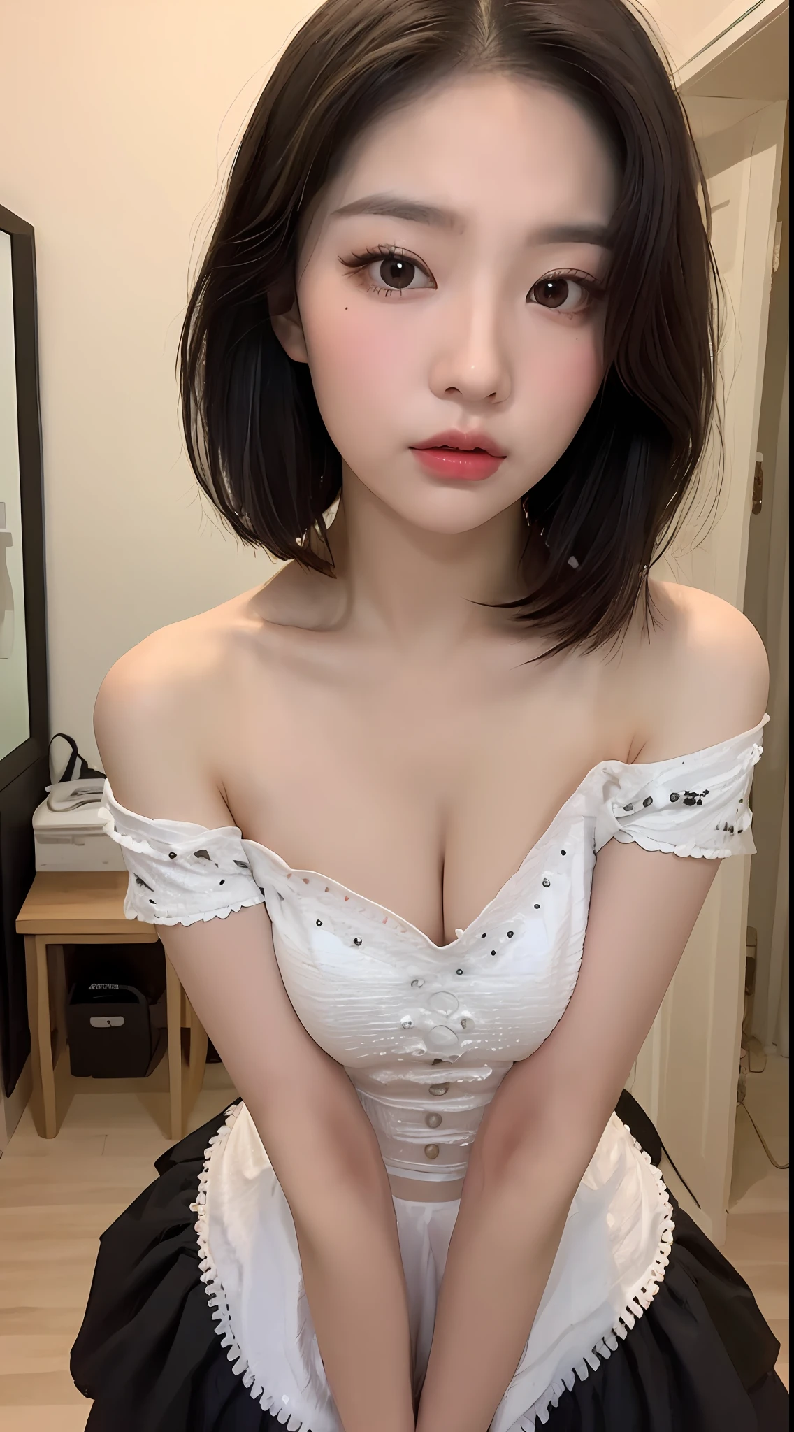 ((品质最佳, 8K, 巨作 :1.3)), Sharp focus :1.2, ((short shoulder length hair:1.2)), (ta costume:1.1 ), (inside room:1.2), Highly detailed facial and skin texture, detailed eye, Double eyelid,Close-up,selfee,