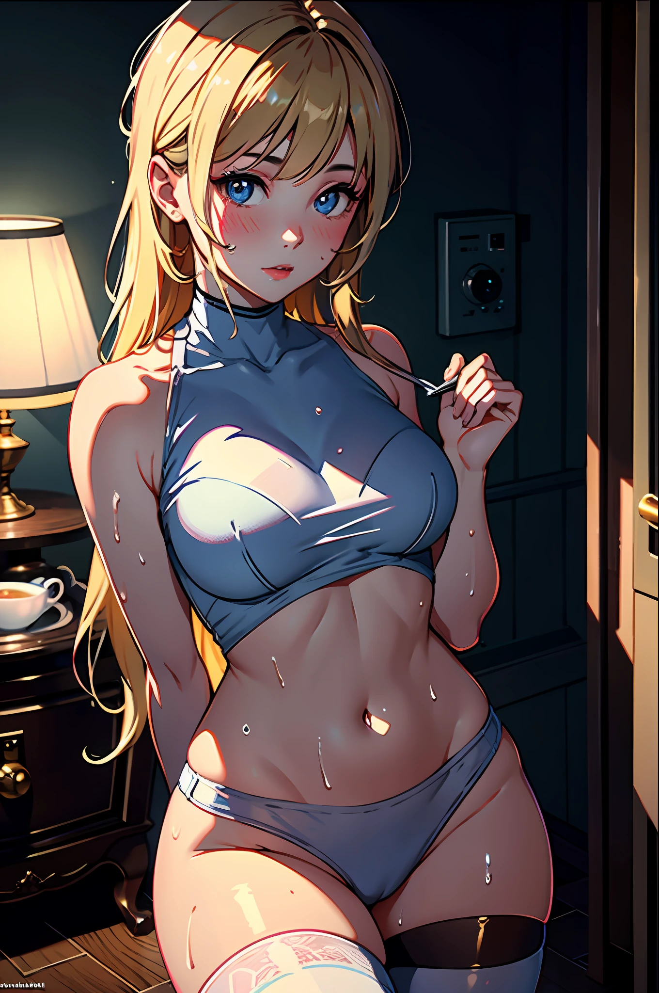 1girls, Delicate and beautiful face, get blush, Blue pupil,golden hair,long haired, Plump chest,Convex buttocks,Naked all over,whole body soaking wet,White knee-length cotton stockings,perfectly proportioned, Detailed clothing details, inside a room,stove,Cinematic lighting, filmgrain, Fujicolor, light and darkcontrast, 8K, 巨作, Textured skin, Super detail, hight details, High quality, high resolusion,