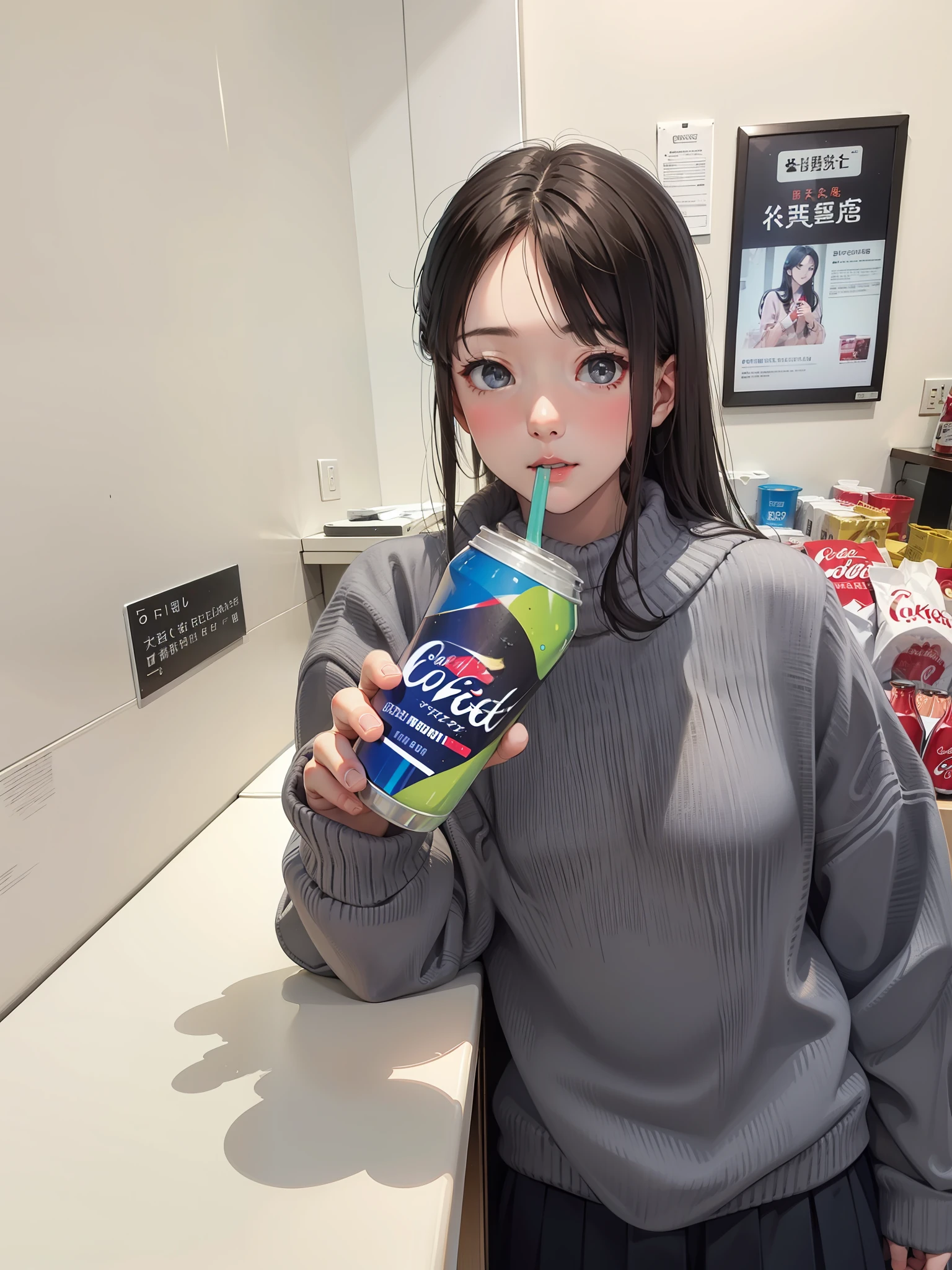 Drink Coke,a beautifulchi girl,from china,gray sweater,