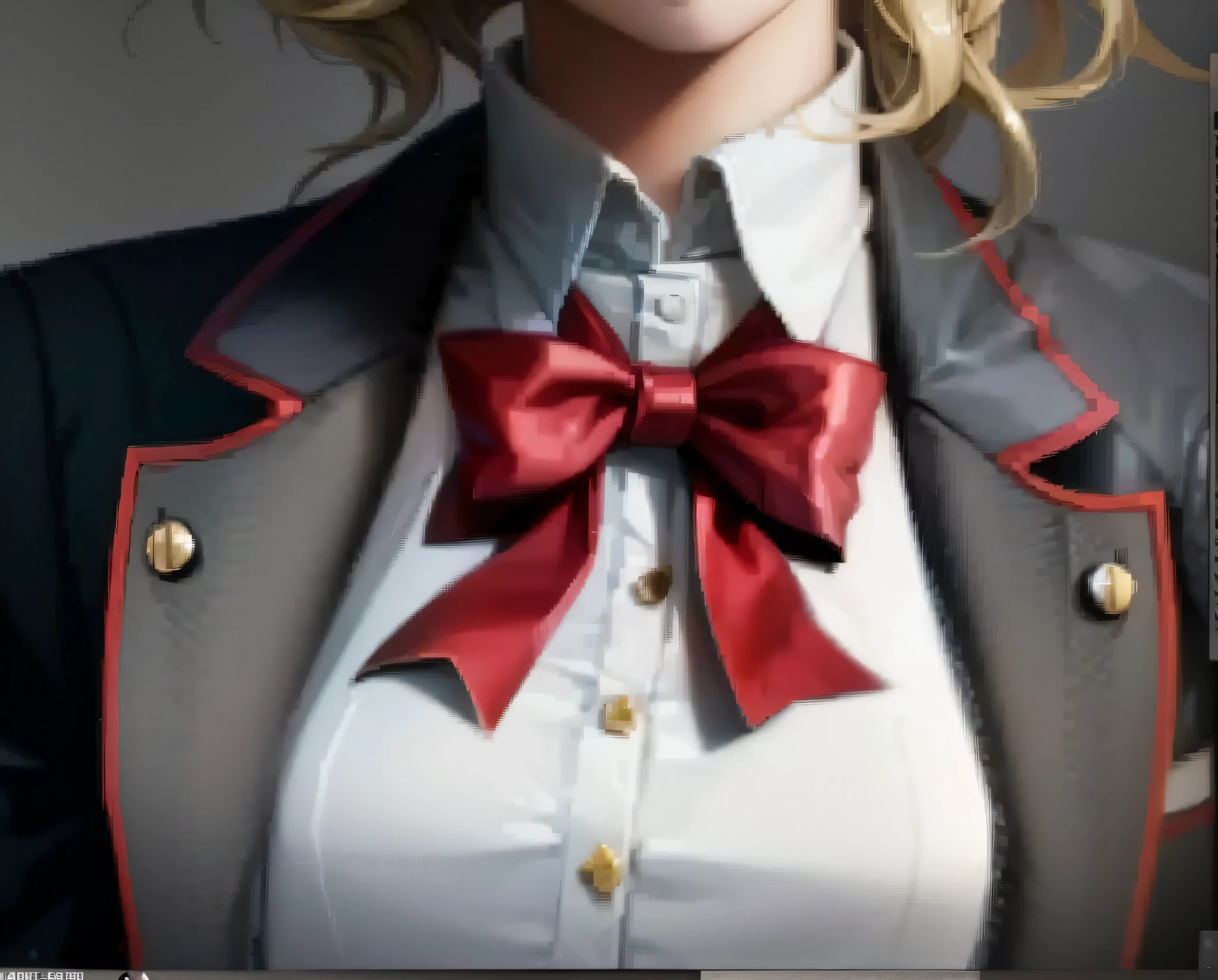 blond woman with red bow tie posing for a picture, Fine details. Girl Front, hyperrealistic schoolgirl, hyperrealistic schoolgirl, from girls frontline, Realistic schoolgirl, girls frontline style, cushart krenz key art feminine, uniform background, painted in anime painter studio, character art closeup, bowknot, JK school uniform, Kantai collection style