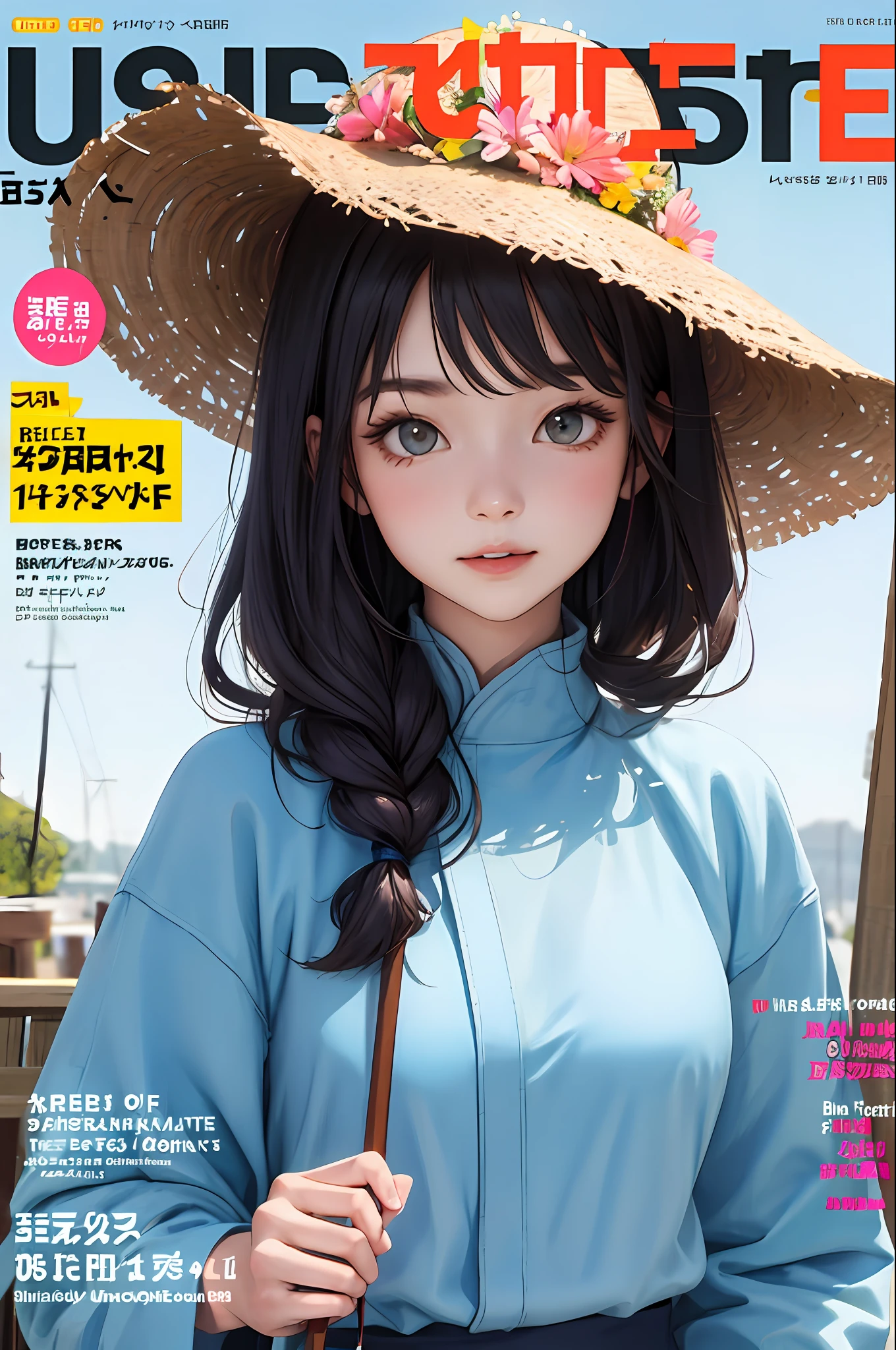 masterpiece, best quality, spring outfit, colorful hair, outdoor, magazine cover ,upper body,