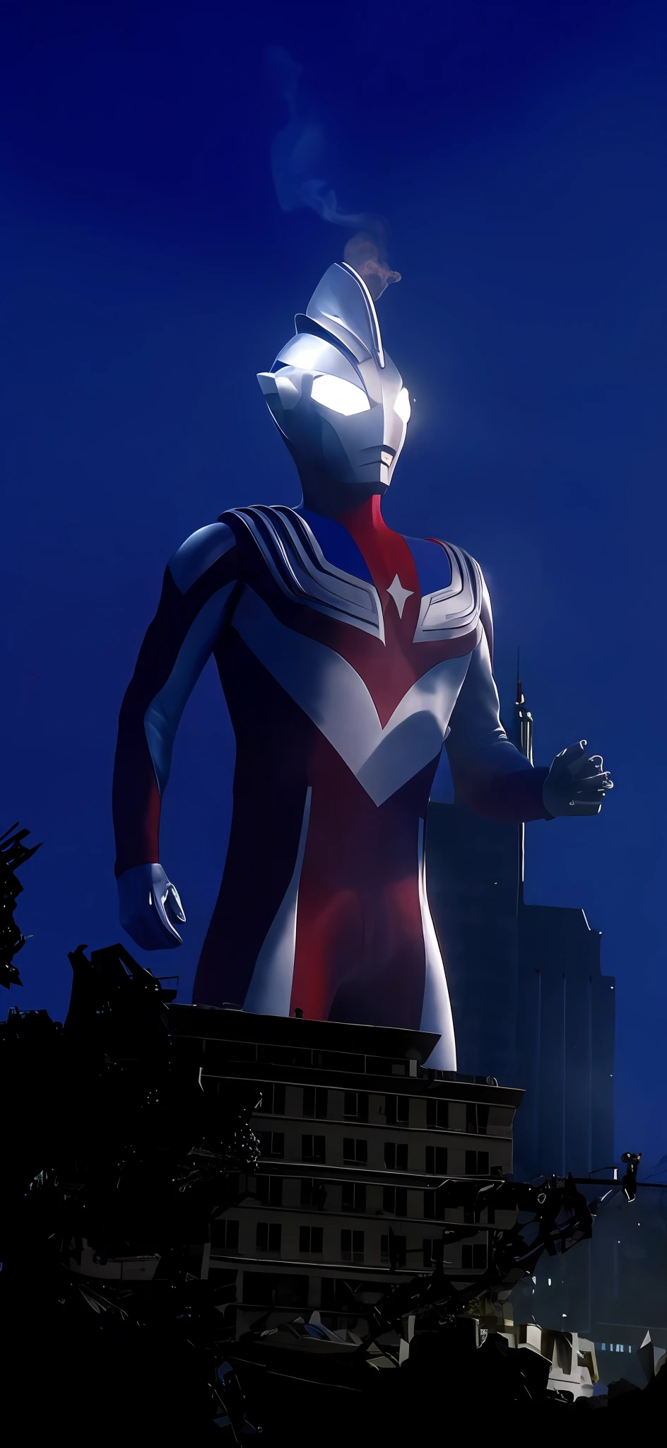 The background is smoke from the collapse of skyscrapers, A giant Ultraman towering over New York，New Ultraman