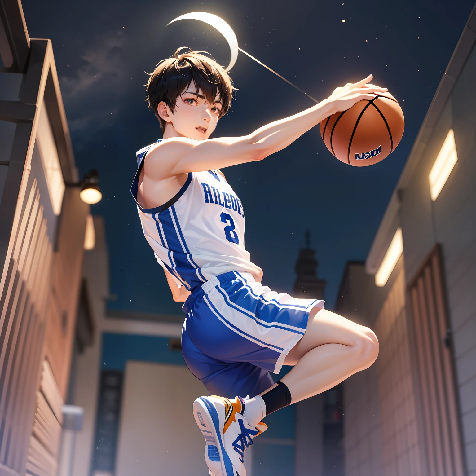 Basketball player in the moonlight，Blue and white basketball shirt，He is a Chinese male athlete around the age of 20，Moonlight is clear，The characters are clear，Mid-air one-handed shooting action，Feet in the air