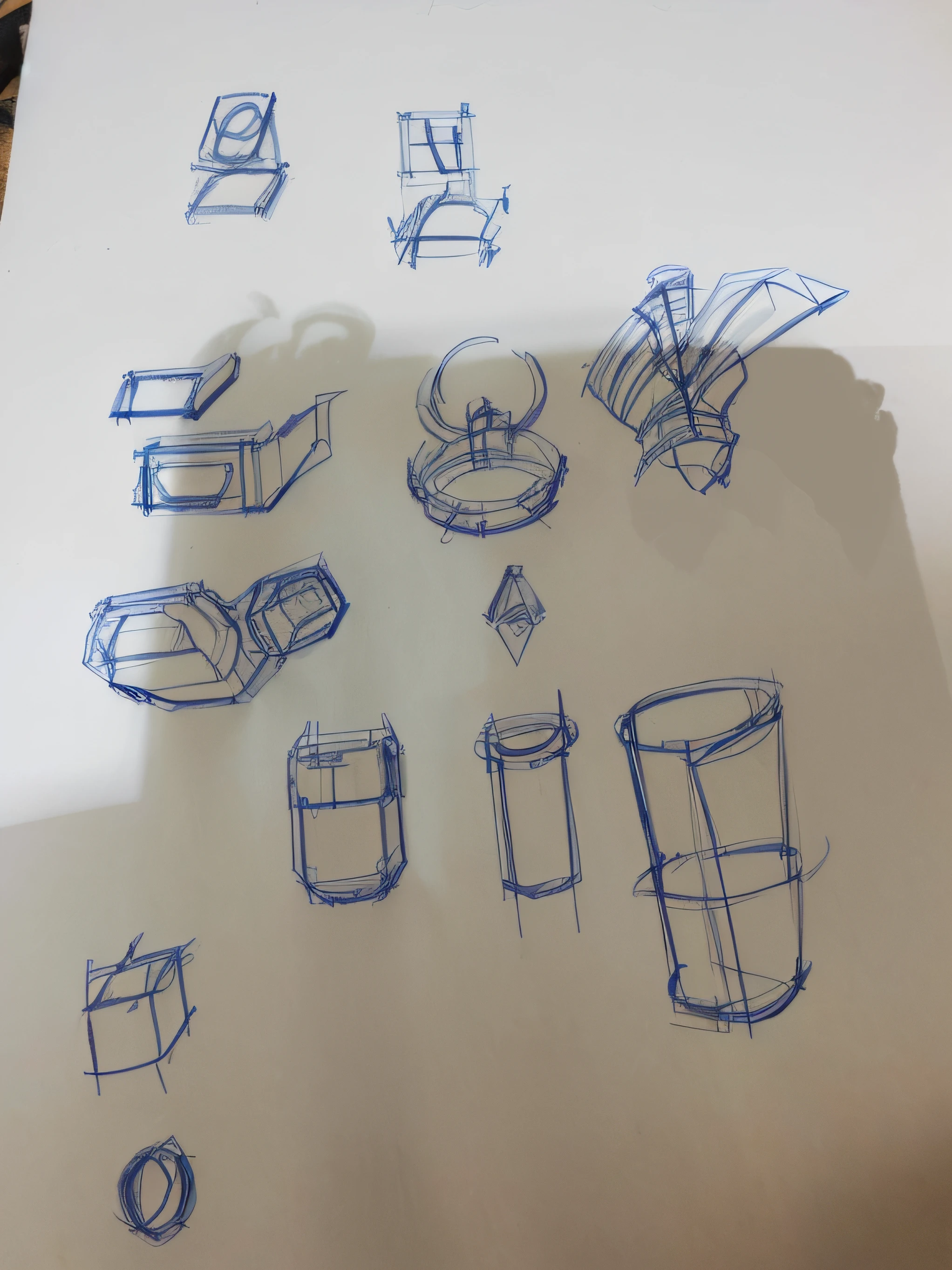 sketches of various objects on a piece of paper with a shadow, object concept art, concept sketches, form and shape exploration, torchan. sketch, prop design, sketching, high quality of sketching, concept sketches, a sketch, drawn on paper, concept art sketch, concept arts!, concept arts, concept arts, 3d modeling concept sheet, drawn projects on paper, simplified shapes