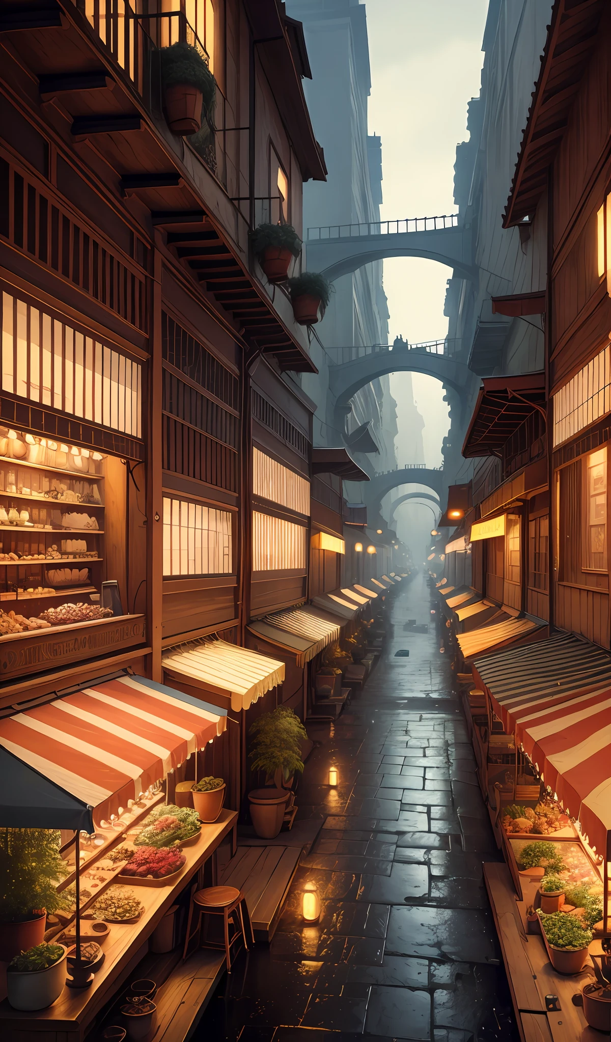 ((masterpiece)),((best quality)),((high detial)),((realistic,)) Industrial age city, deep canyons in the middle, architectural streets, bazaars, Bridges, rainy days, steampunk, European architecture