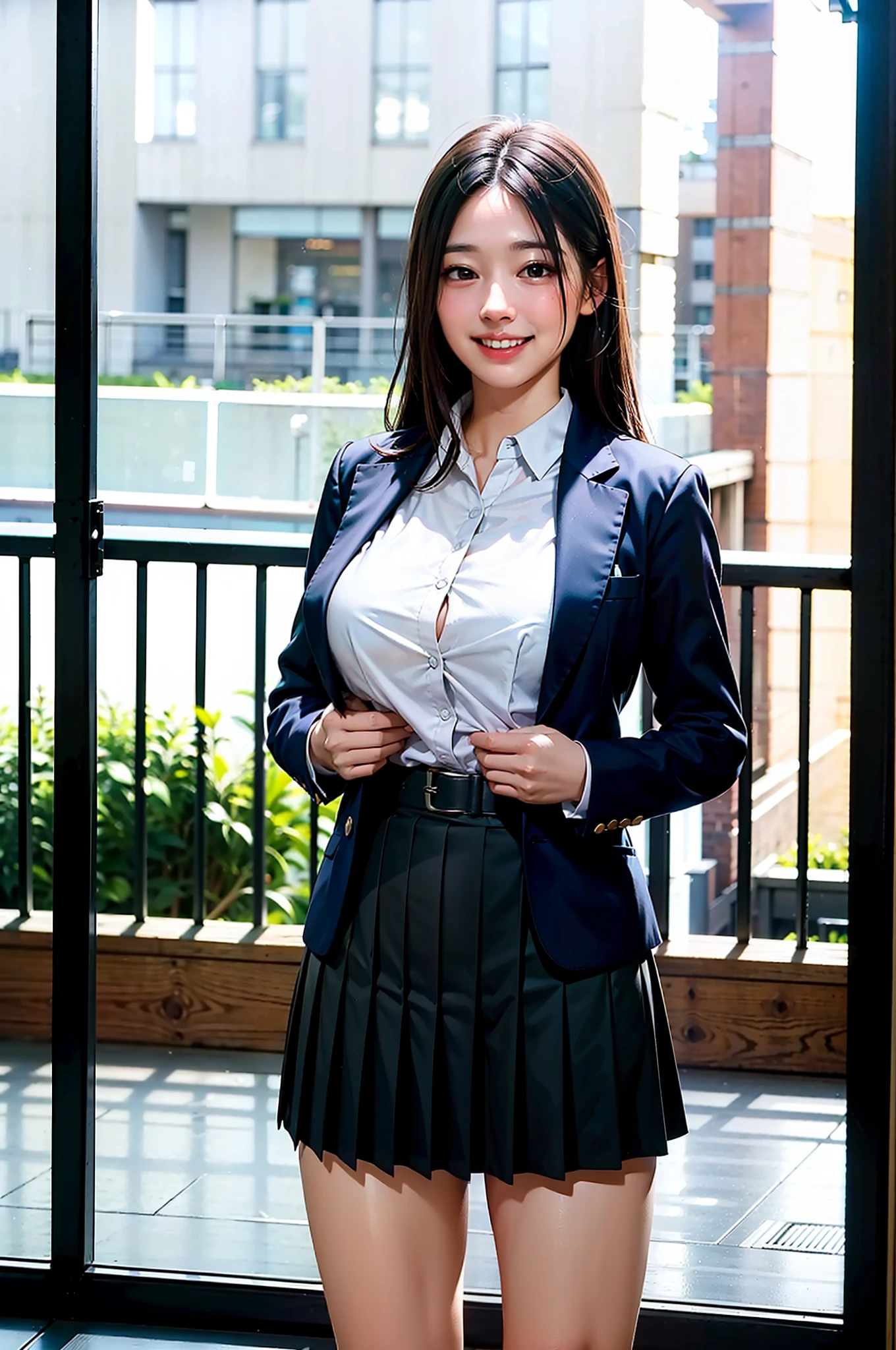 (8K, Raw photo, Best Quality, Masterpiece: 1.2), (Realistic, Realistic: 1.37), Ultra-high resolution, Photon mapping, Radio City, Physically Based Rendering, 1 girl, (black haired: 1.3), Detailed face, Detailed eyes, Huge breasts, shiny skin, (pureerosface_v1:1.0), Standing, (School Uniform: 1.5), gaze at the audience, (laughing cute: 1.2), (happy), healing cute, (Cityscape: 1.2), (Night: 1.2), (Dark Theme: 1.5),